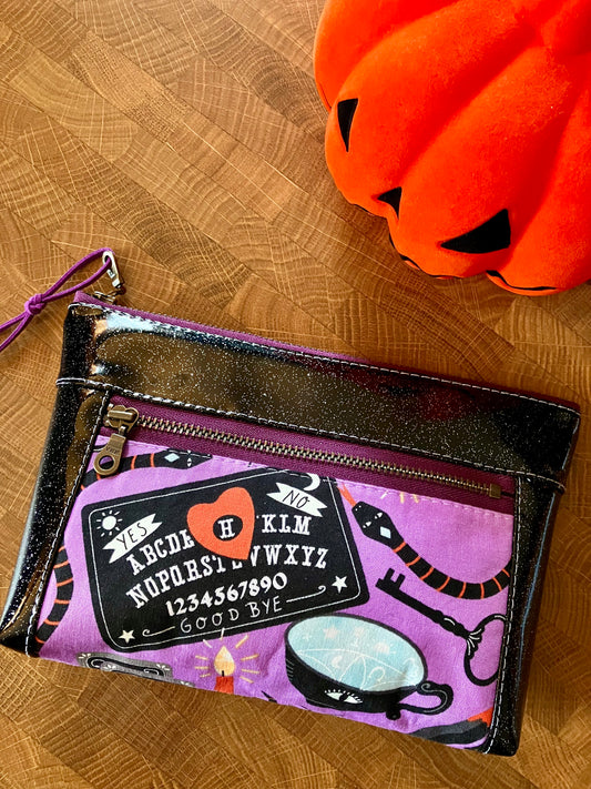 BLACK GLITTER VINYL DOUBLE ZIP POUCH