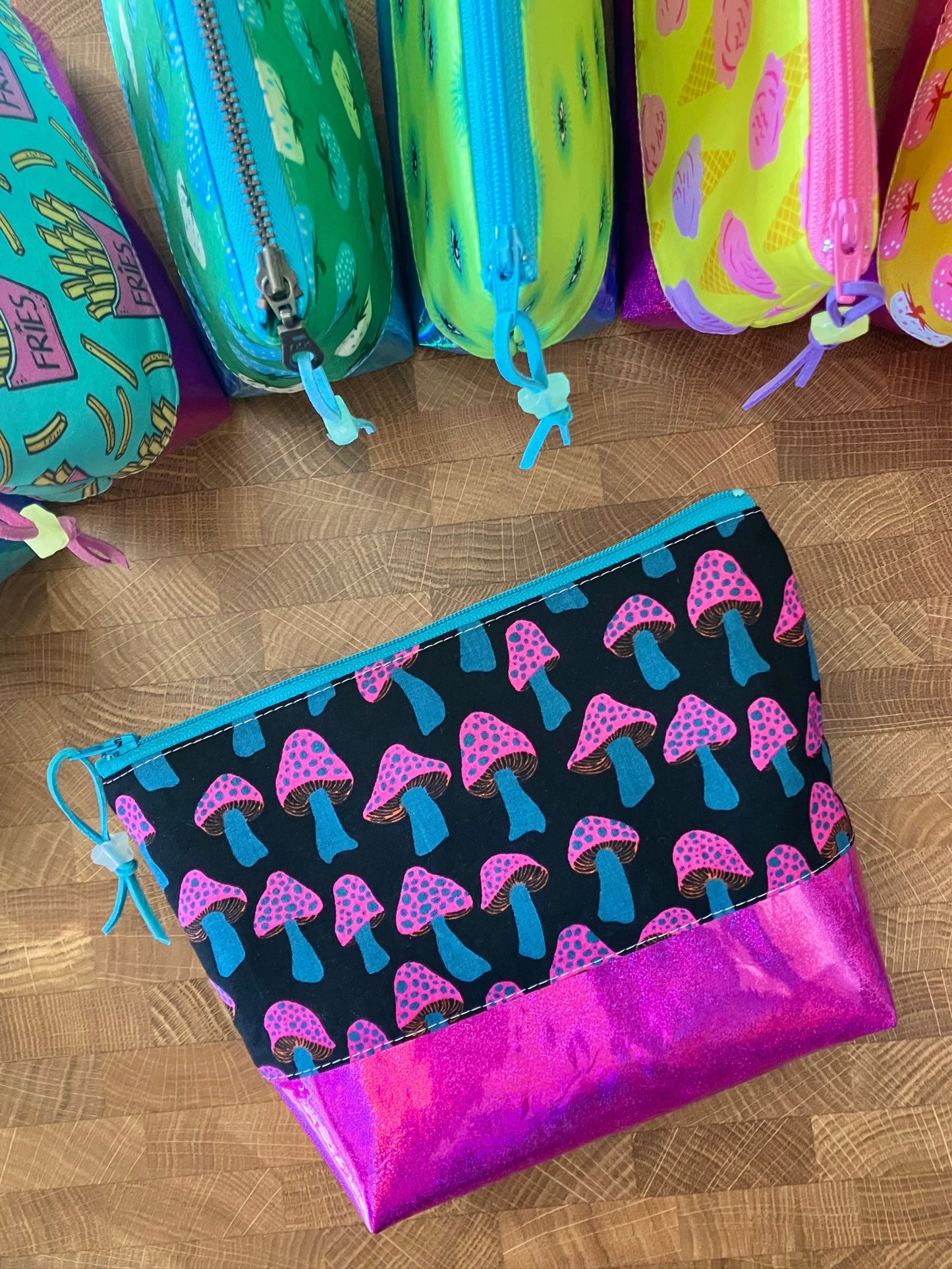 Electric Mushrooms + Glitter Vinyl Cosmetic Bag