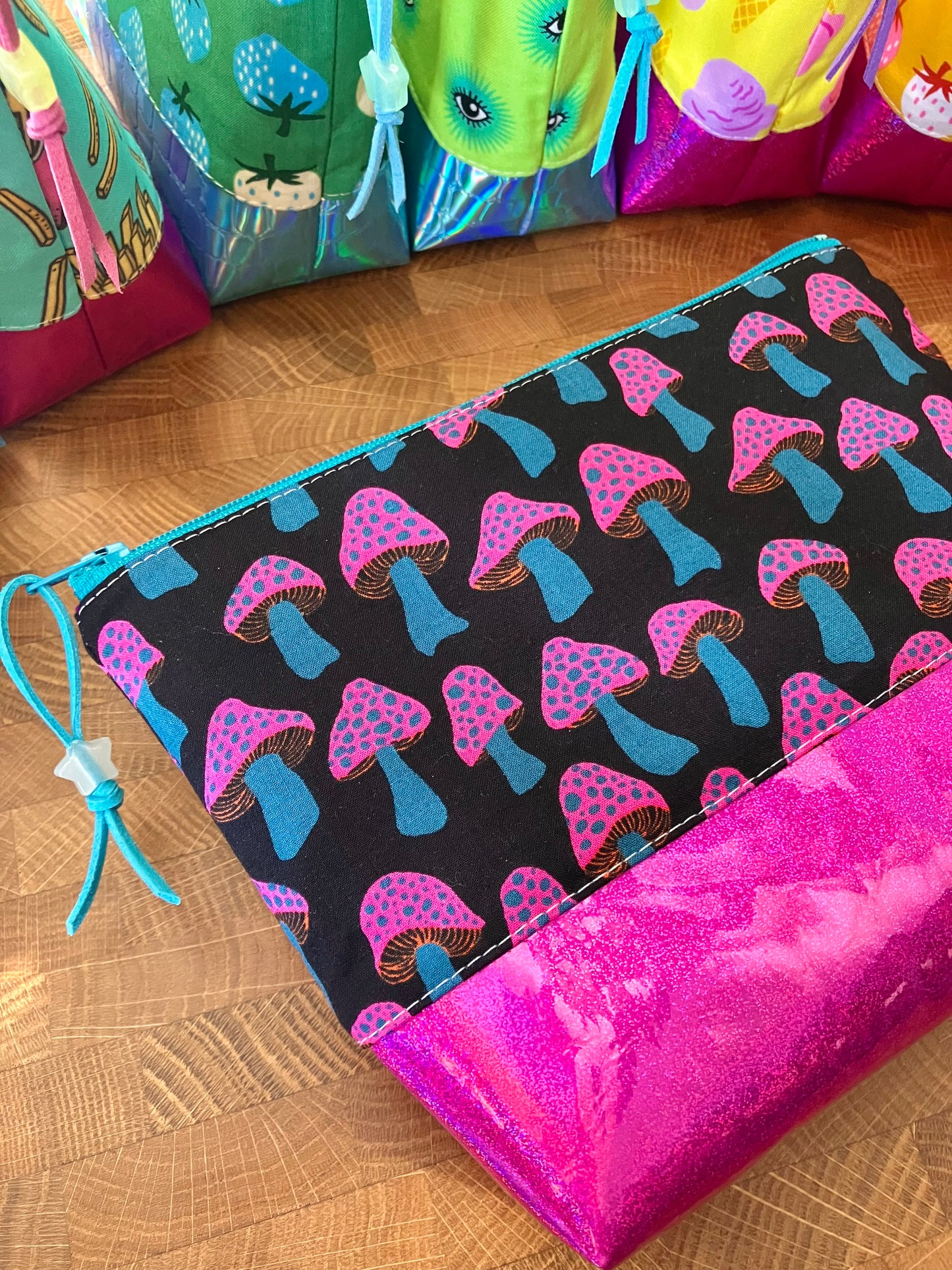 Electric Mushrooms + Glitter Vinyl Cosmetic Bag