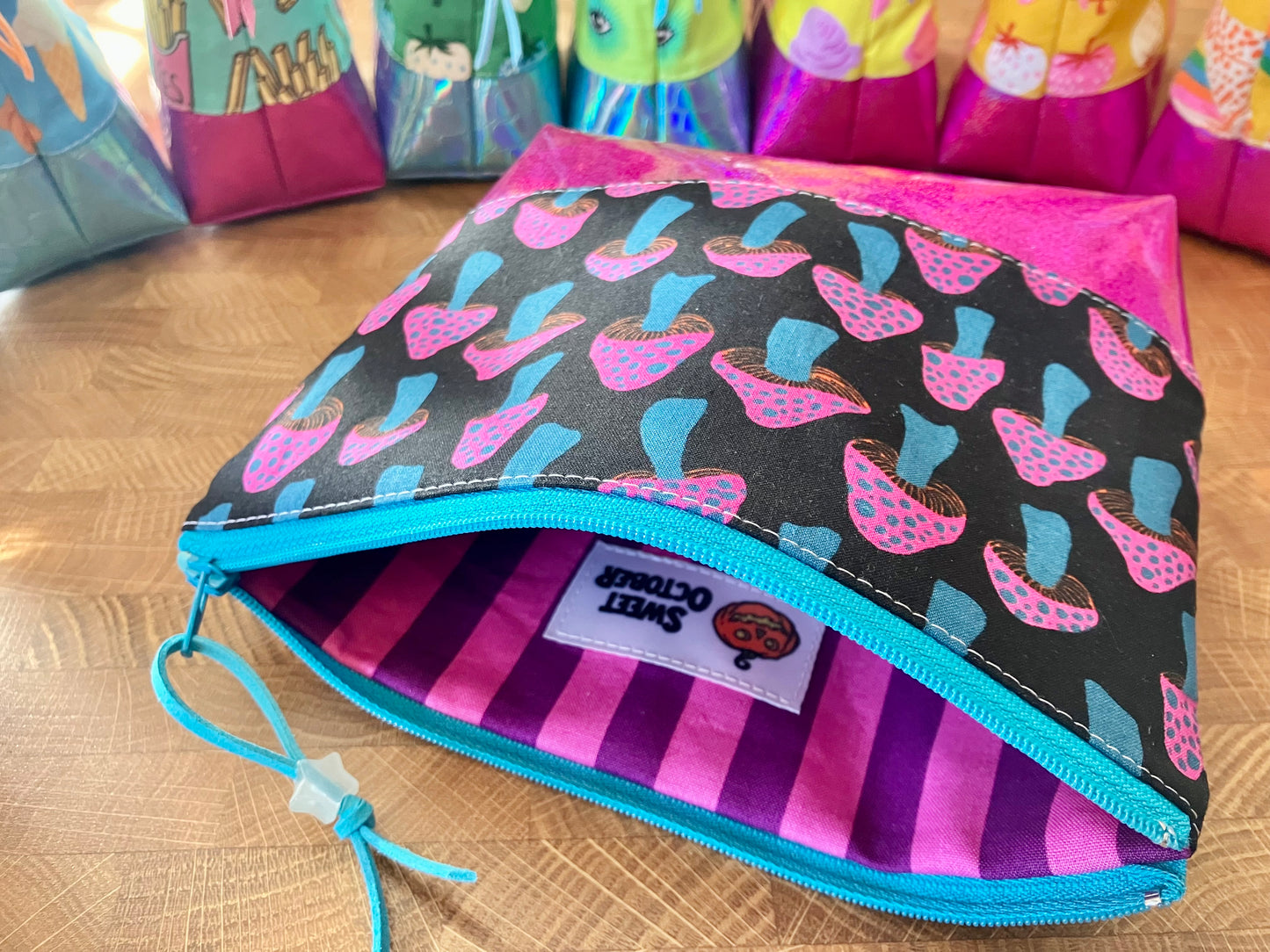 Electric Mushrooms + Glitter Vinyl Cosmetic Bag