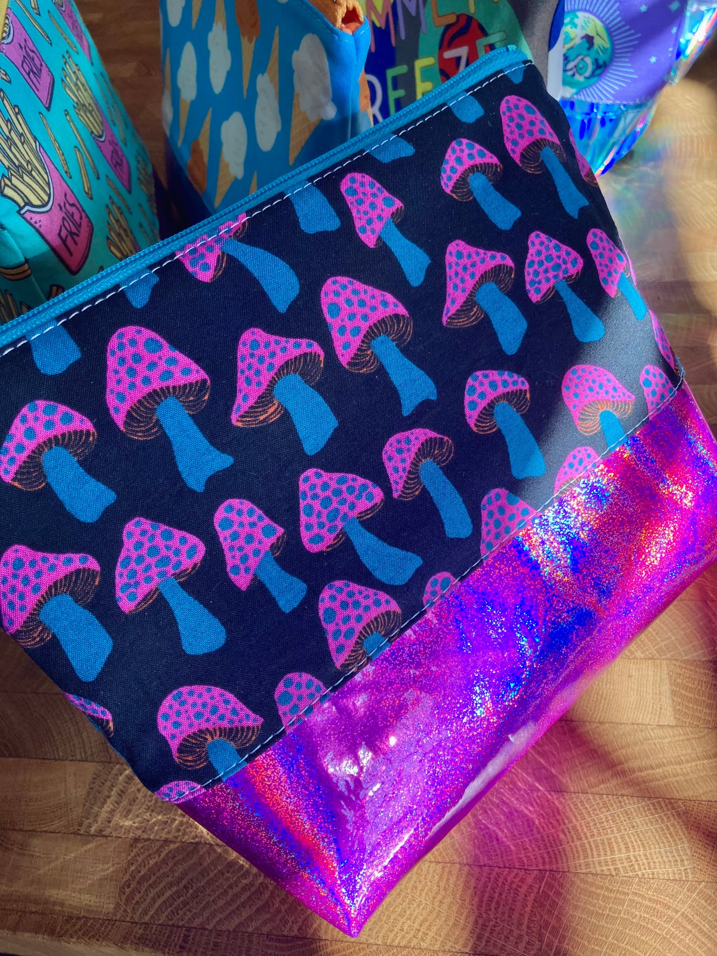 Electric Mushrooms + Glitter Vinyl Cosmetic Bag