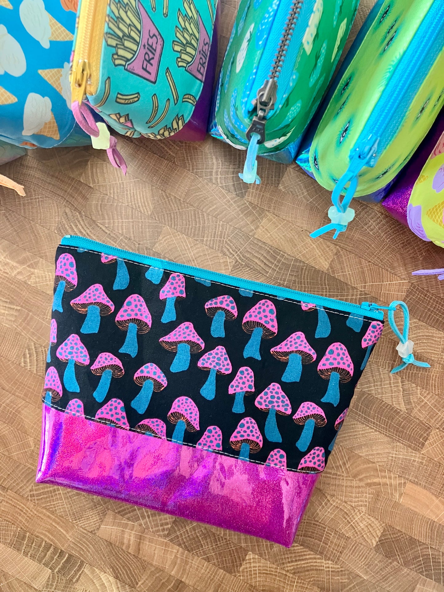Electric Mushrooms + Glitter Vinyl Cosmetic Bag