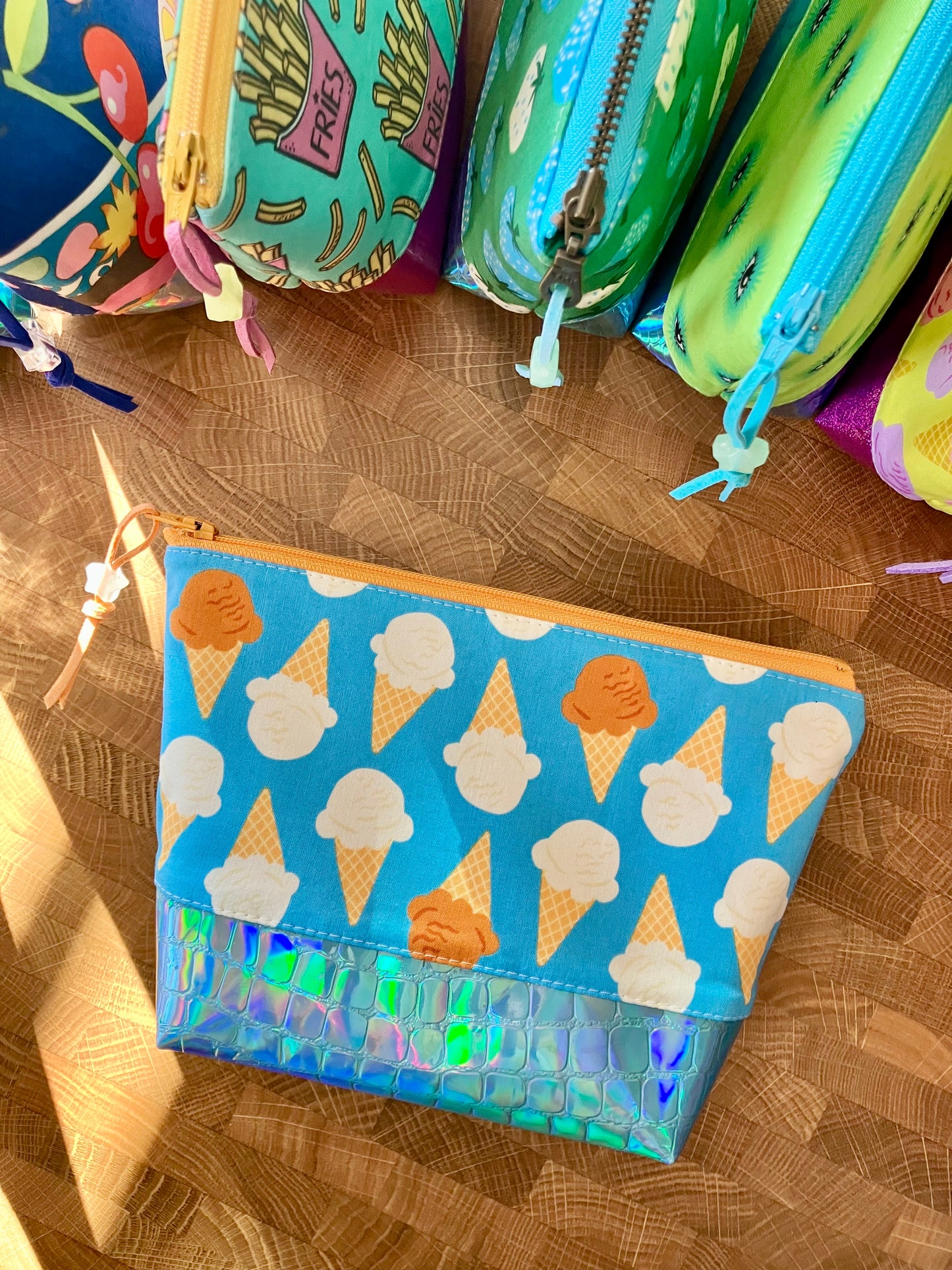 Ice Cream Cones + Holographic Vinyl Cosmetic Bag