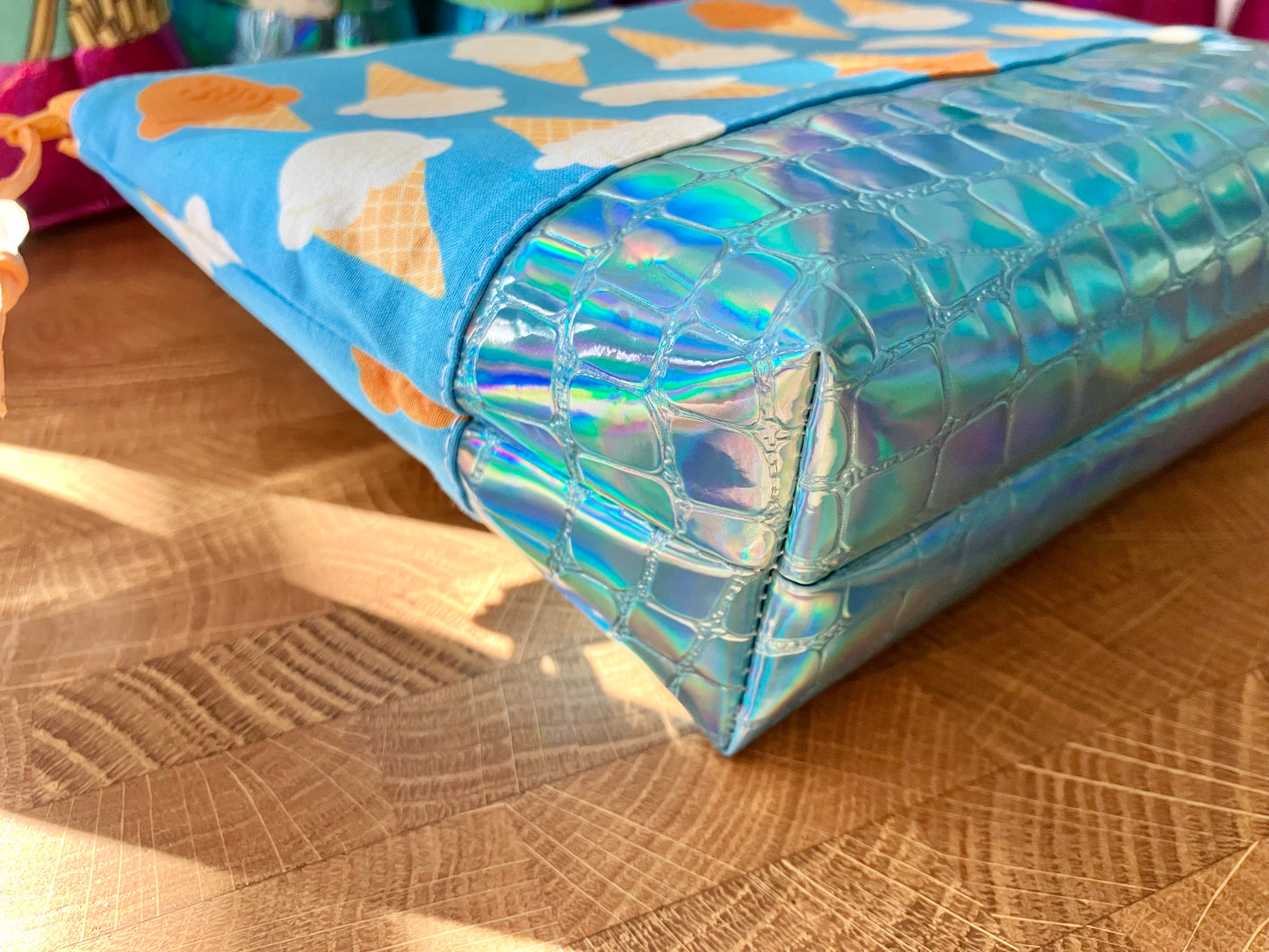 Ice Cream Cones + Holographic Vinyl Cosmetic Bag