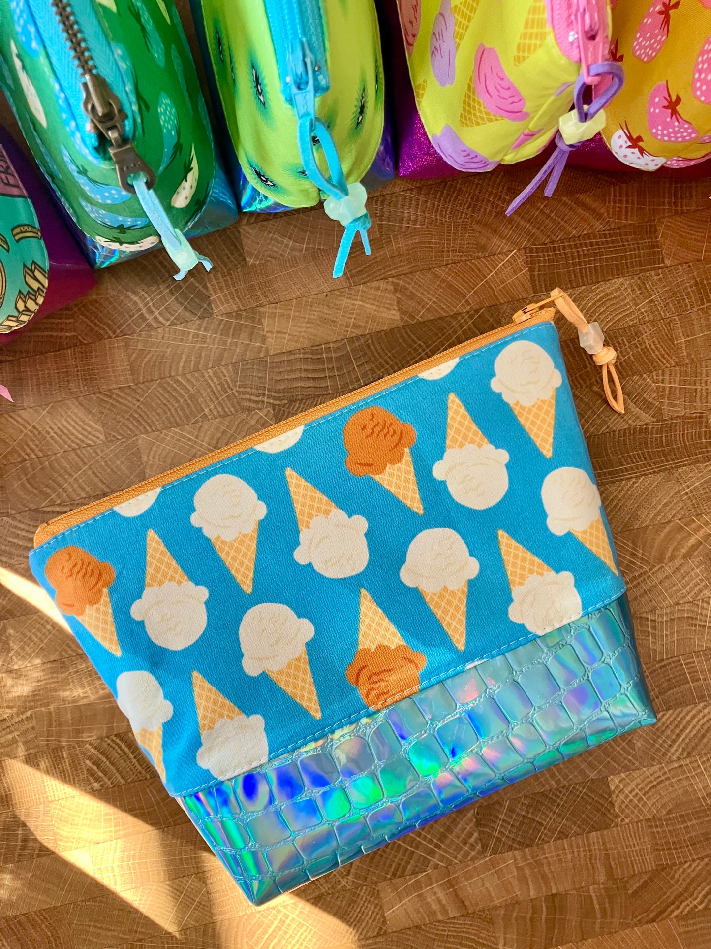 Ice Cream Cones + Holographic Vinyl Cosmetic Bag