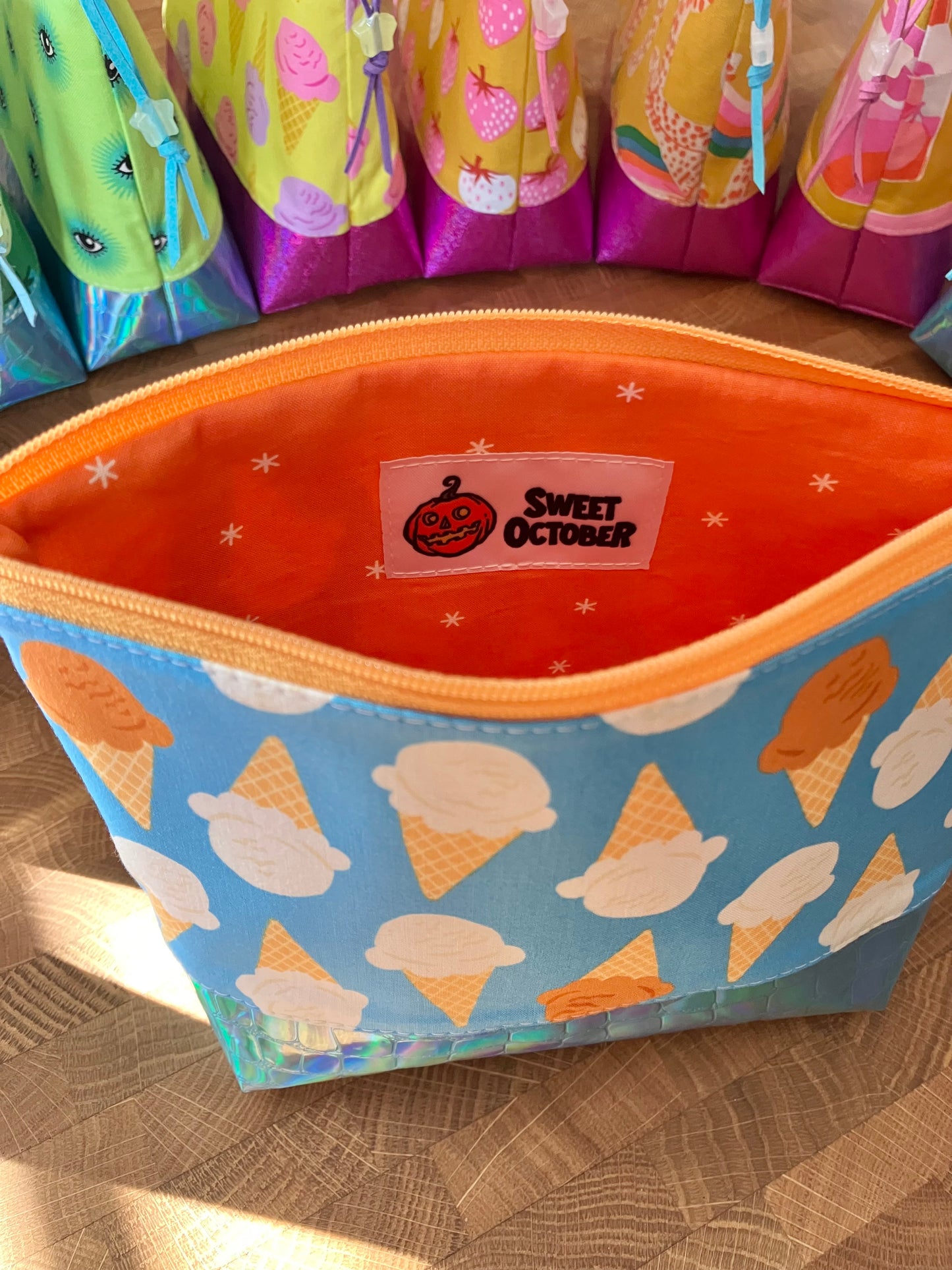 Ice Cream Cones + Holographic Vinyl Cosmetic Bag
