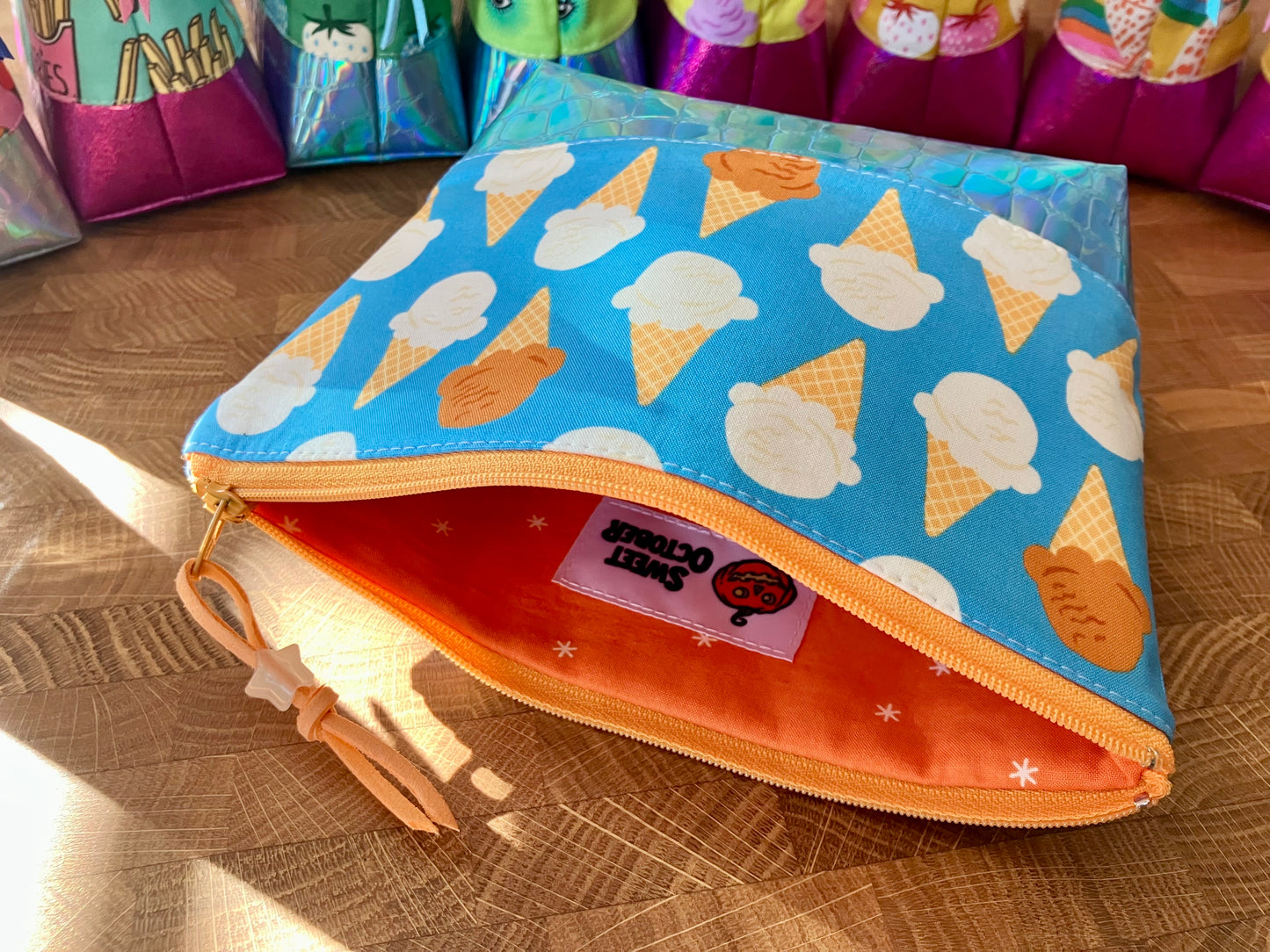 Ice Cream Cones + Holographic Vinyl Cosmetic Bag