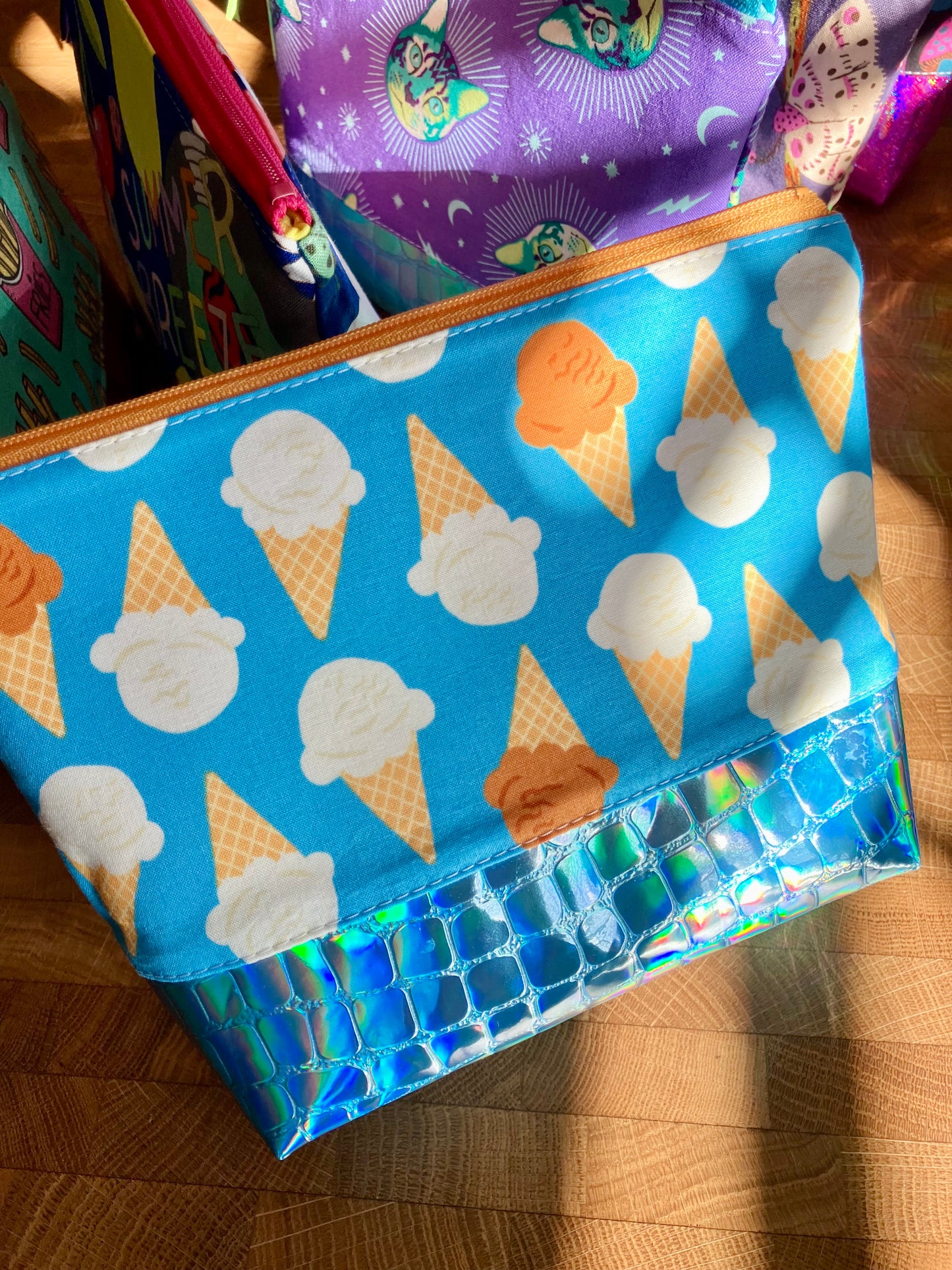 Ice Cream Cones + Holographic Vinyl Cosmetic Bag