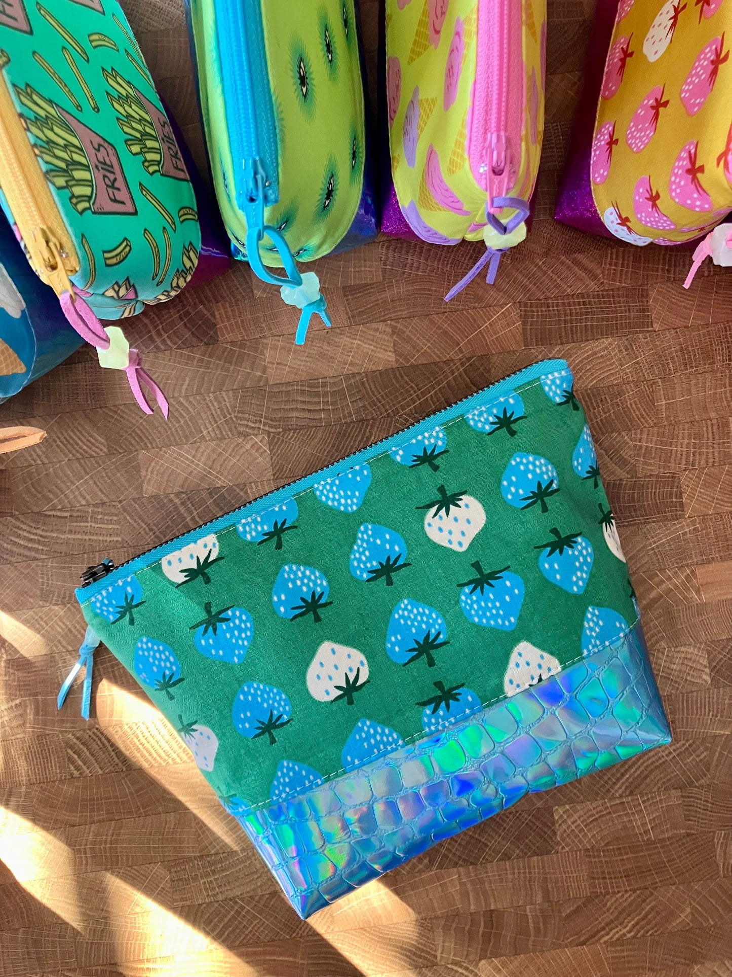 Strawberries + Holographic Vinyl Cosmetic Bag