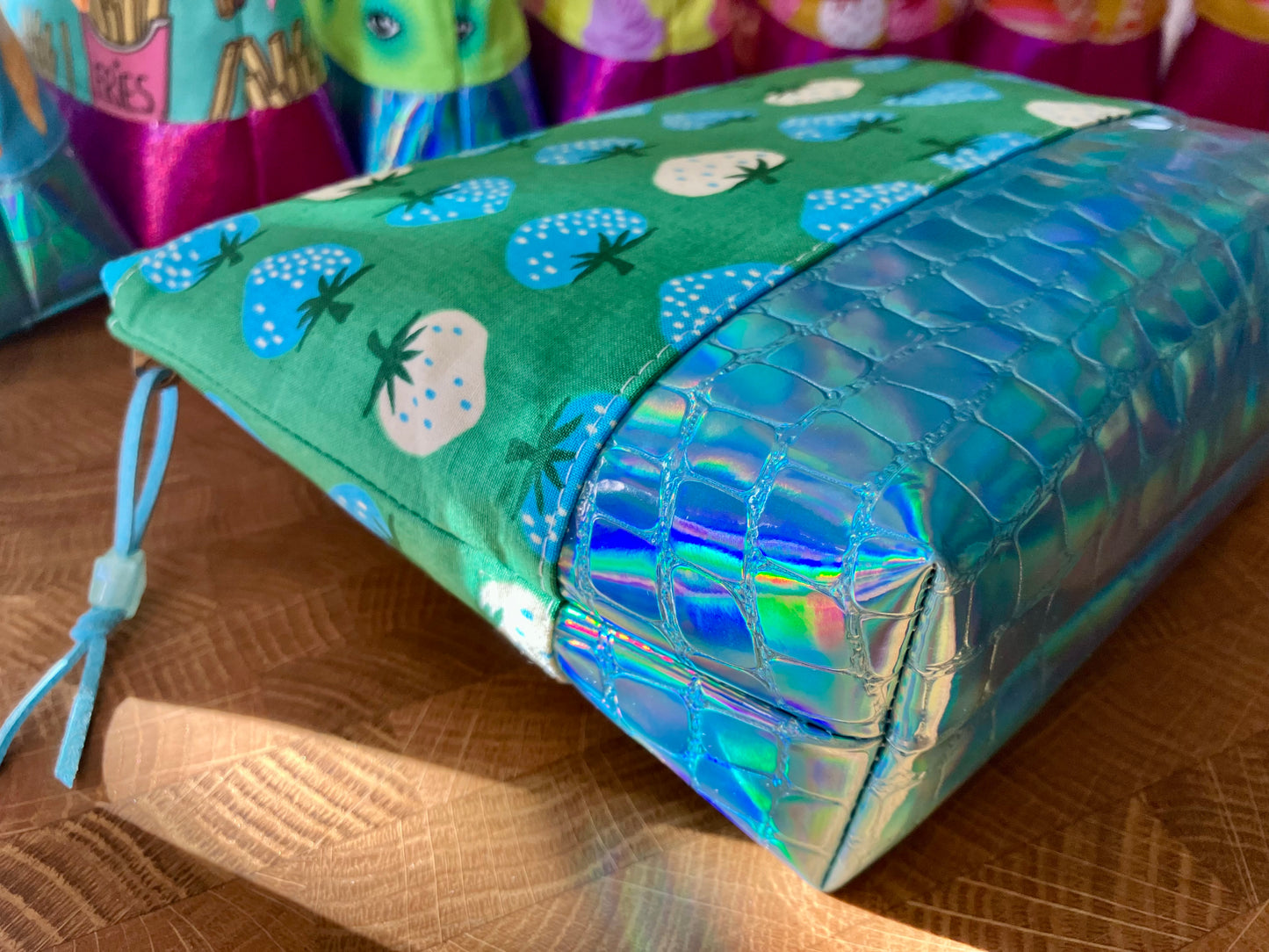 Strawberries + Holographic Vinyl Cosmetic Bag