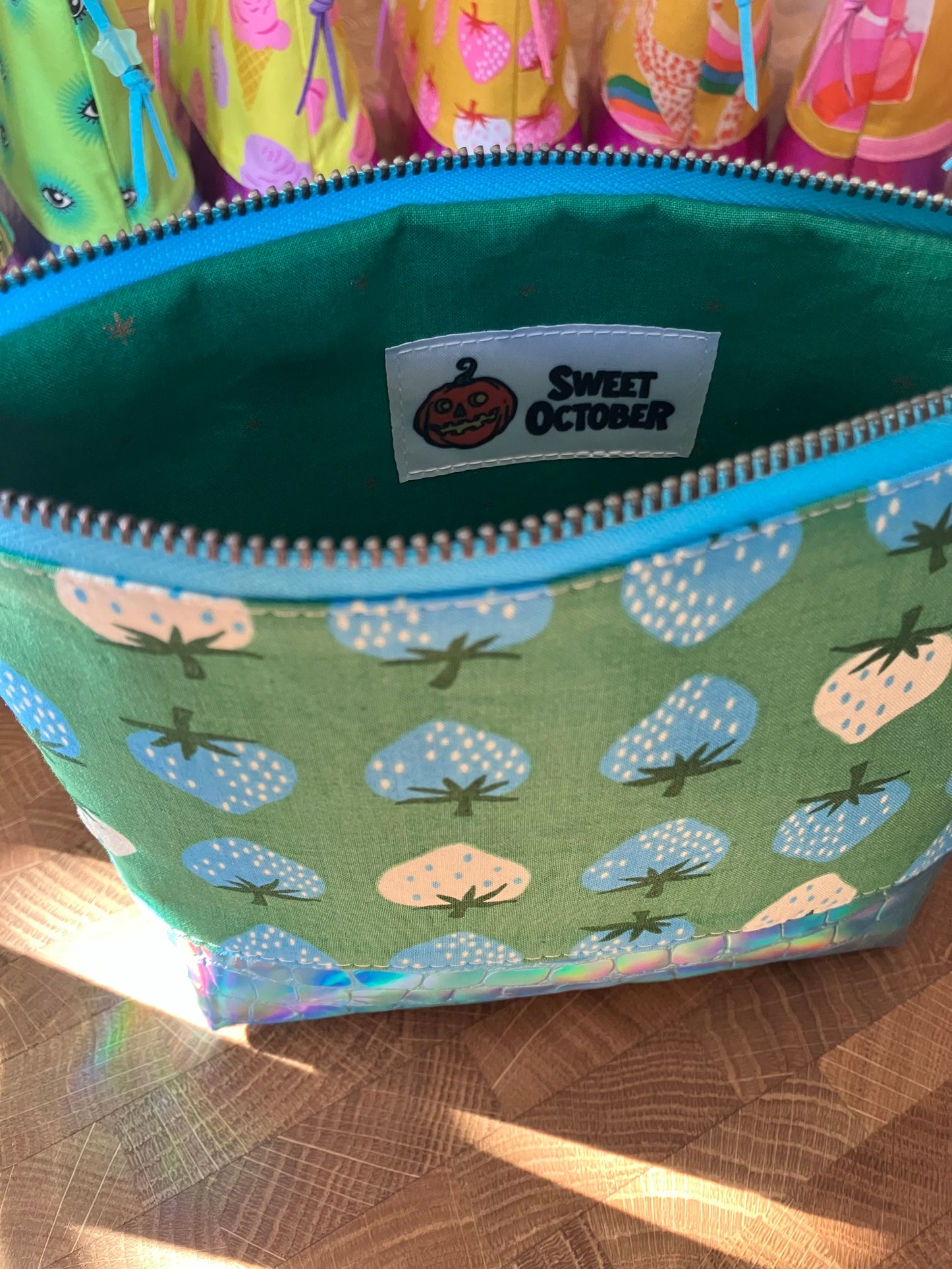 Strawberries + Holographic Vinyl Cosmetic Bag