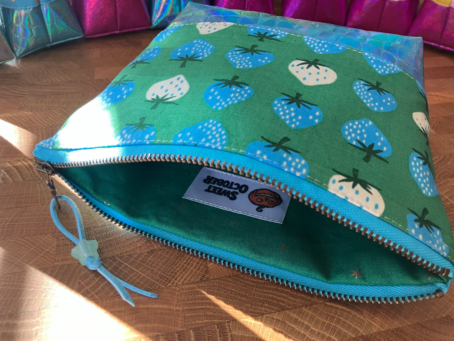 Strawberries + Holographic Vinyl Cosmetic Bag