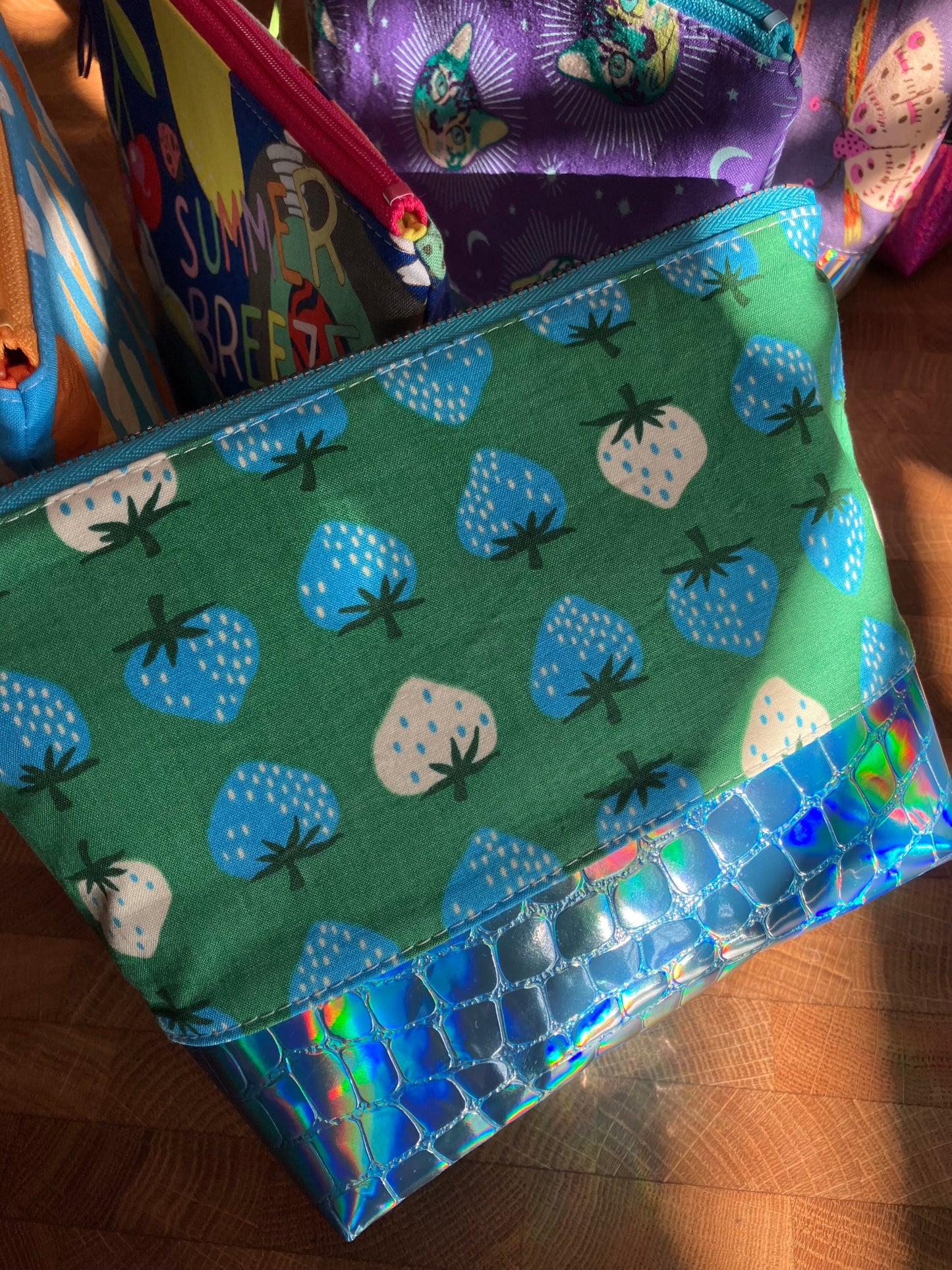 Strawberries + Holographic Vinyl Cosmetic Bag