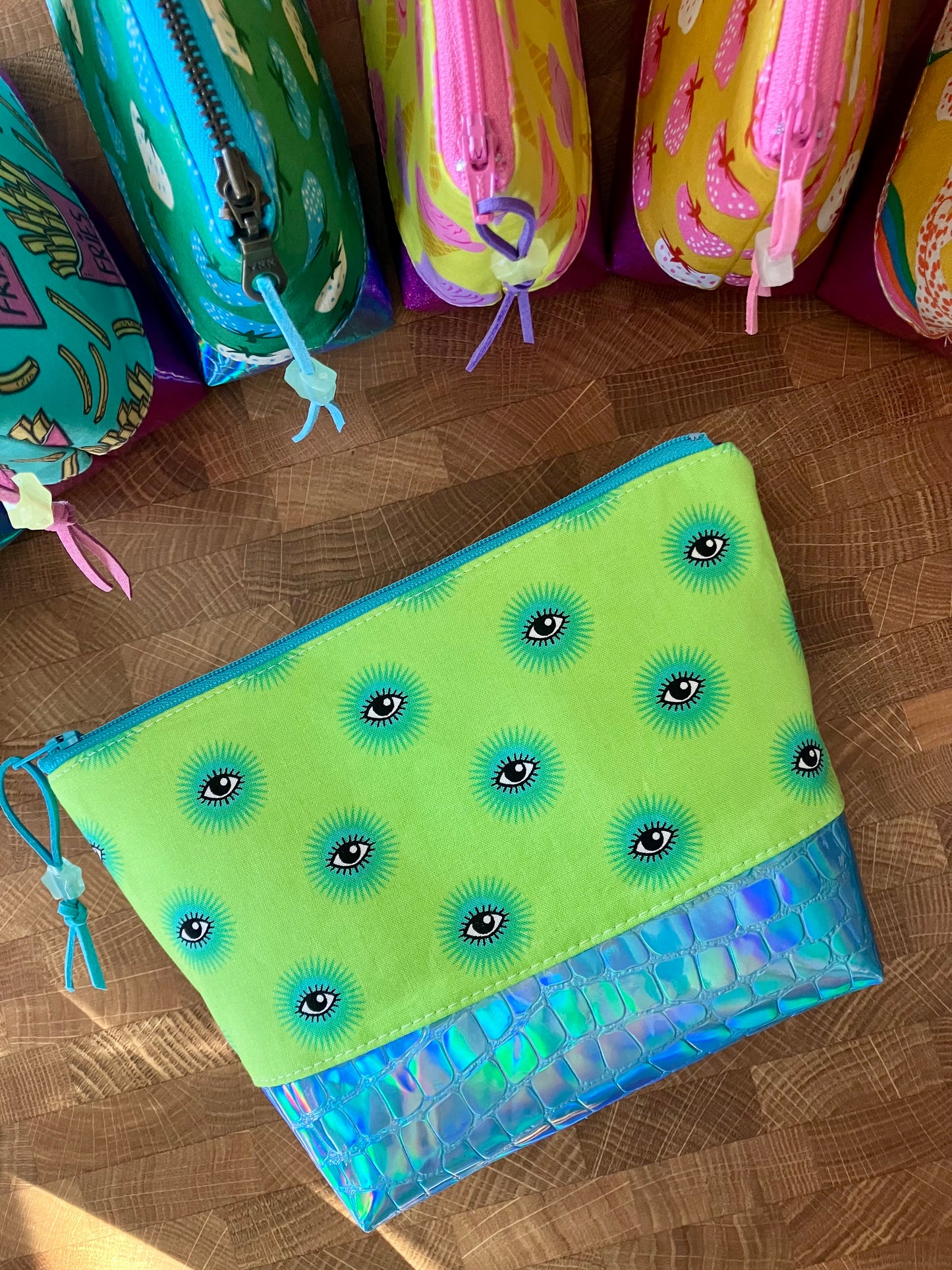 Lime-Eyed + Holographic Vinyl Cosmetic Bag