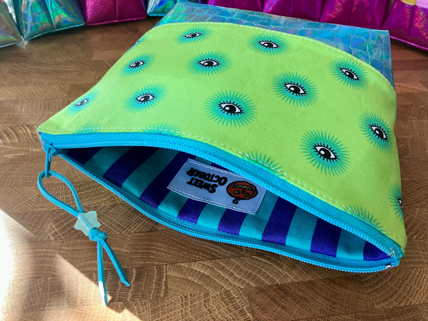 Lime-Eyed + Holographic Vinyl Cosmetic Bag
