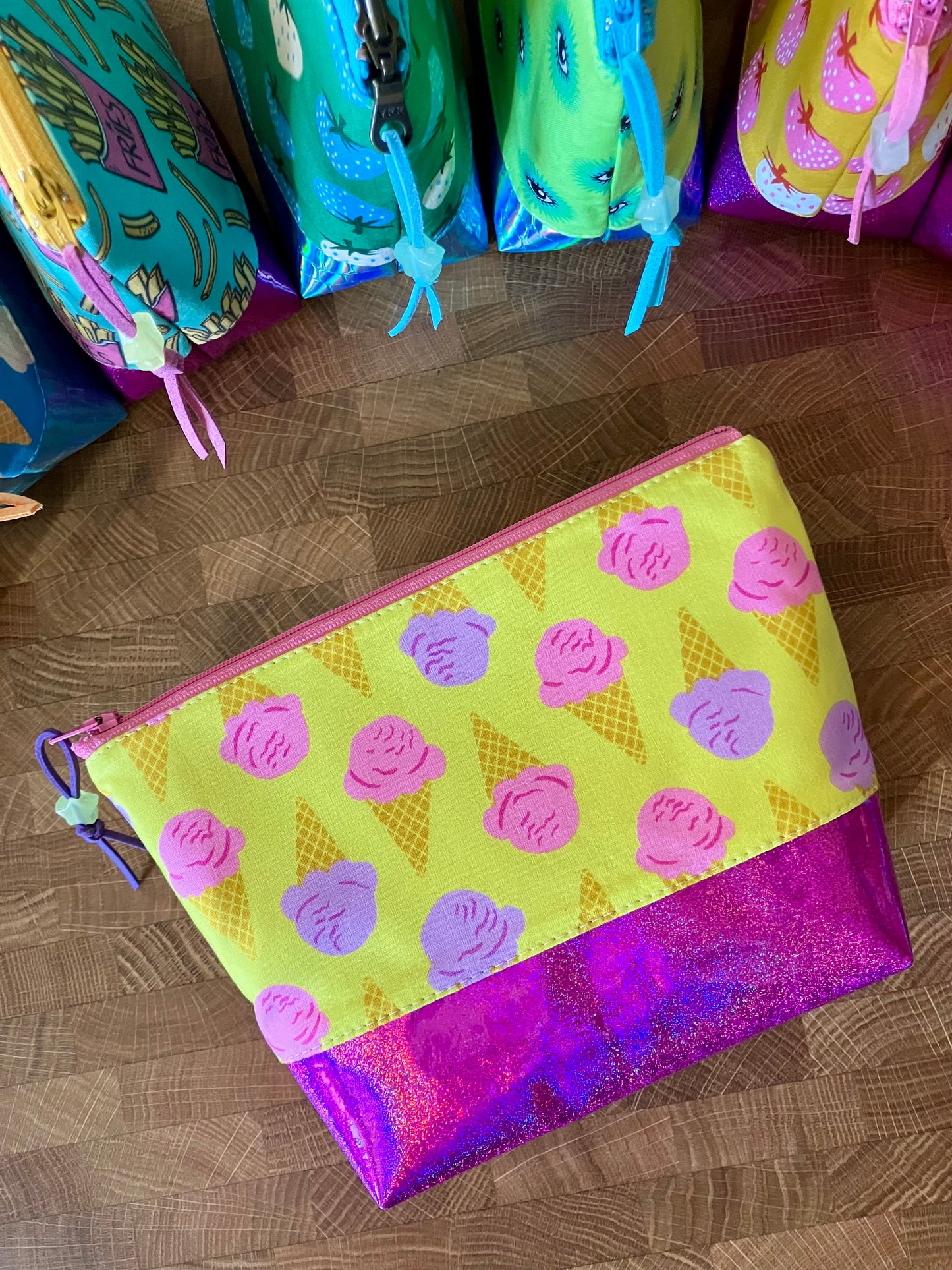 Ice Cream Cones + Glitter Vinyl Cosmetic Bag