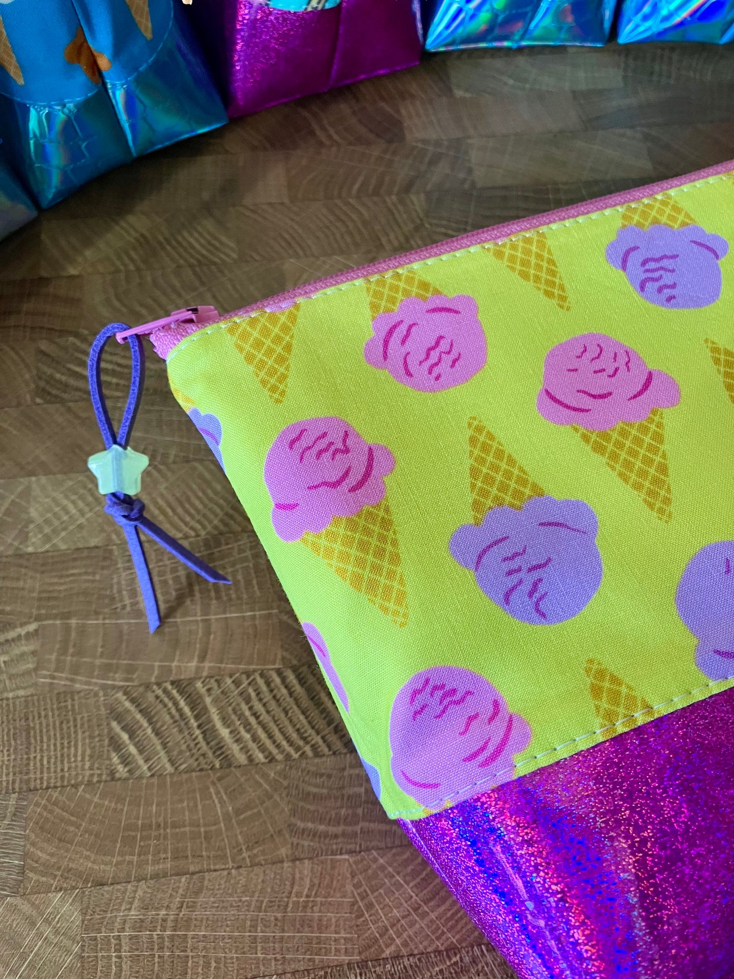 Ice Cream Cones + Glitter Vinyl Cosmetic Bag