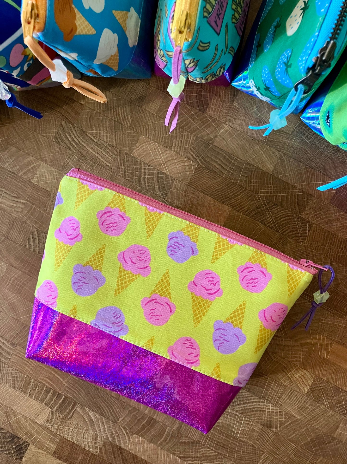 Ice Cream Cones + Glitter Vinyl Cosmetic Bag
