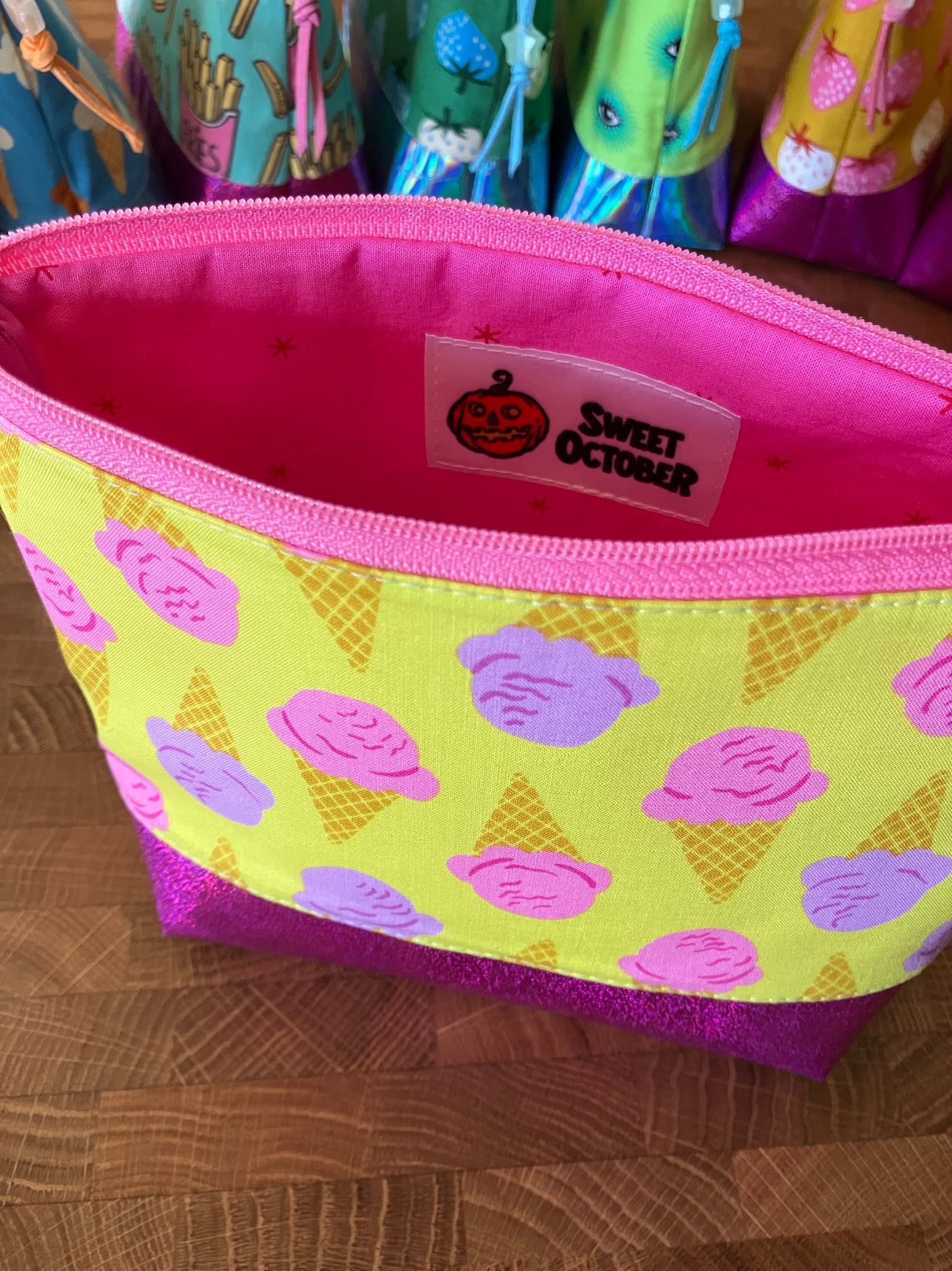 Ice Cream Cones + Glitter Vinyl Cosmetic Bag