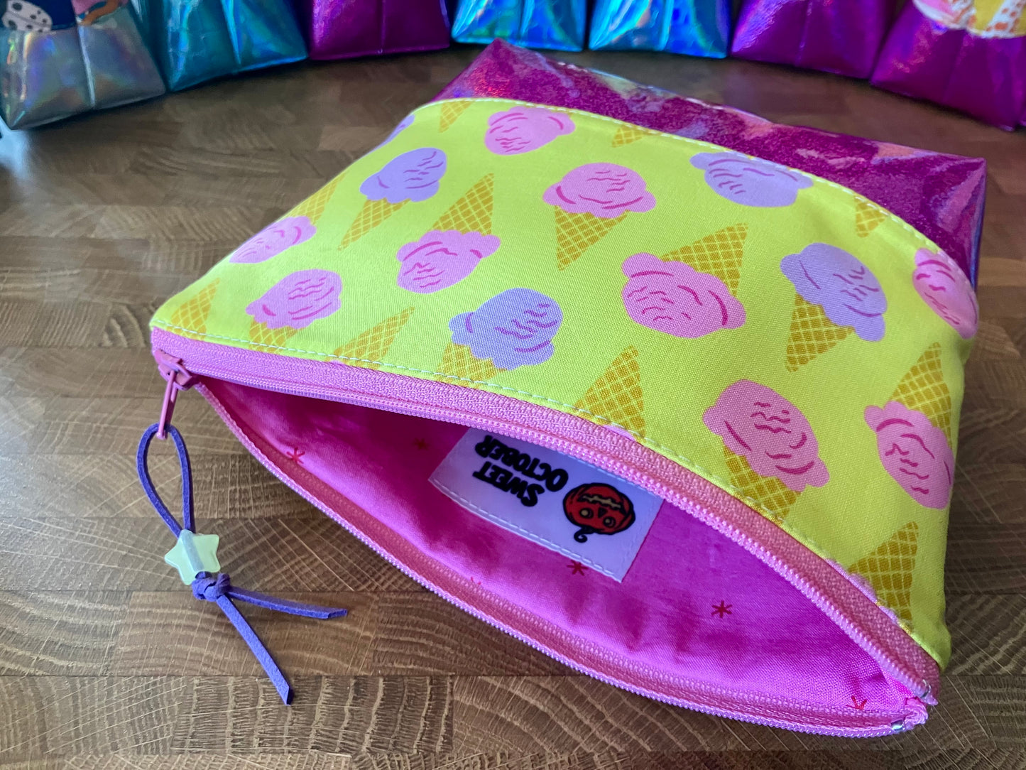 Ice Cream Cones + Glitter Vinyl Cosmetic Bag