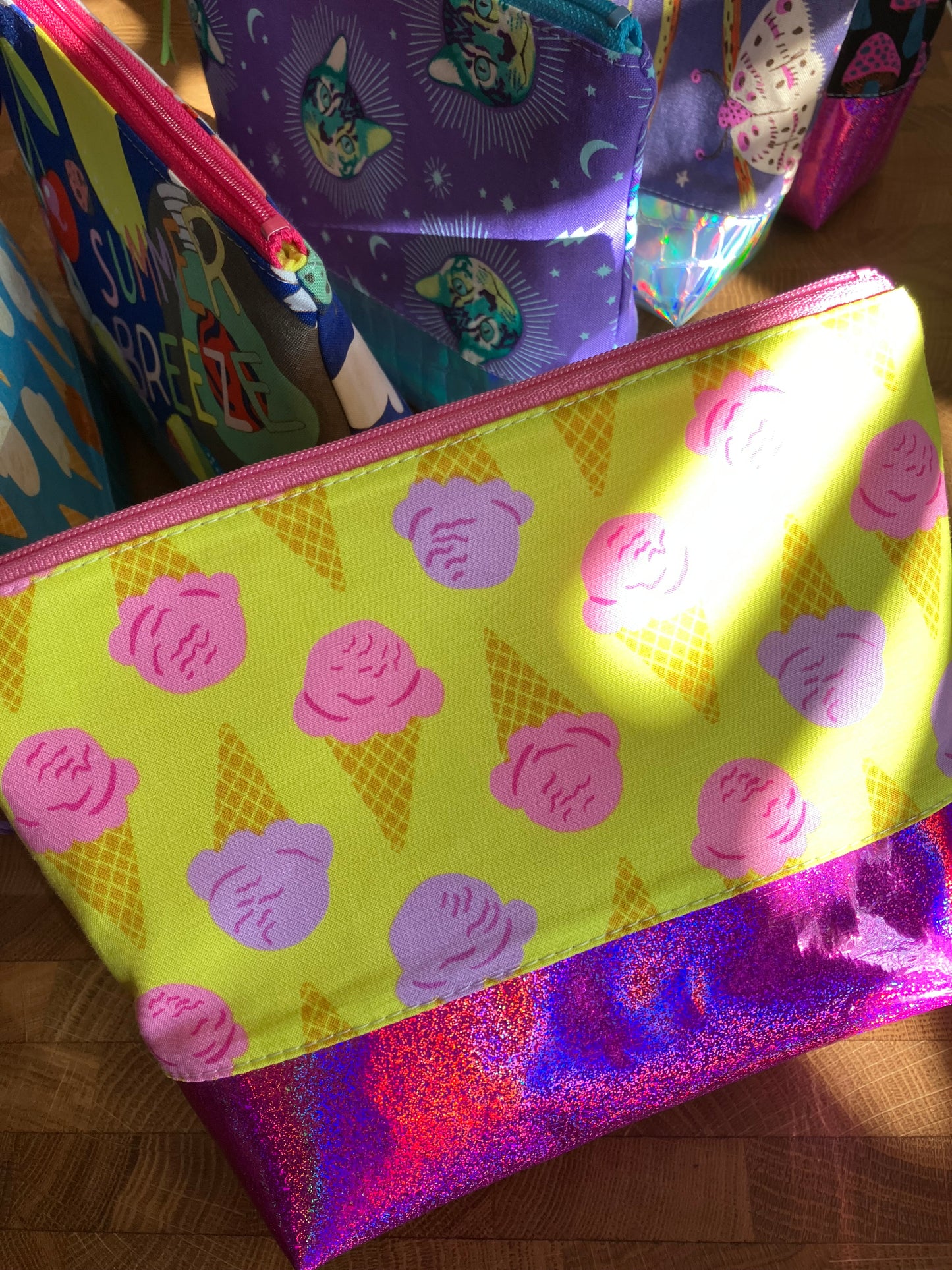 Ice Cream Cones + Glitter Vinyl Cosmetic Bag
