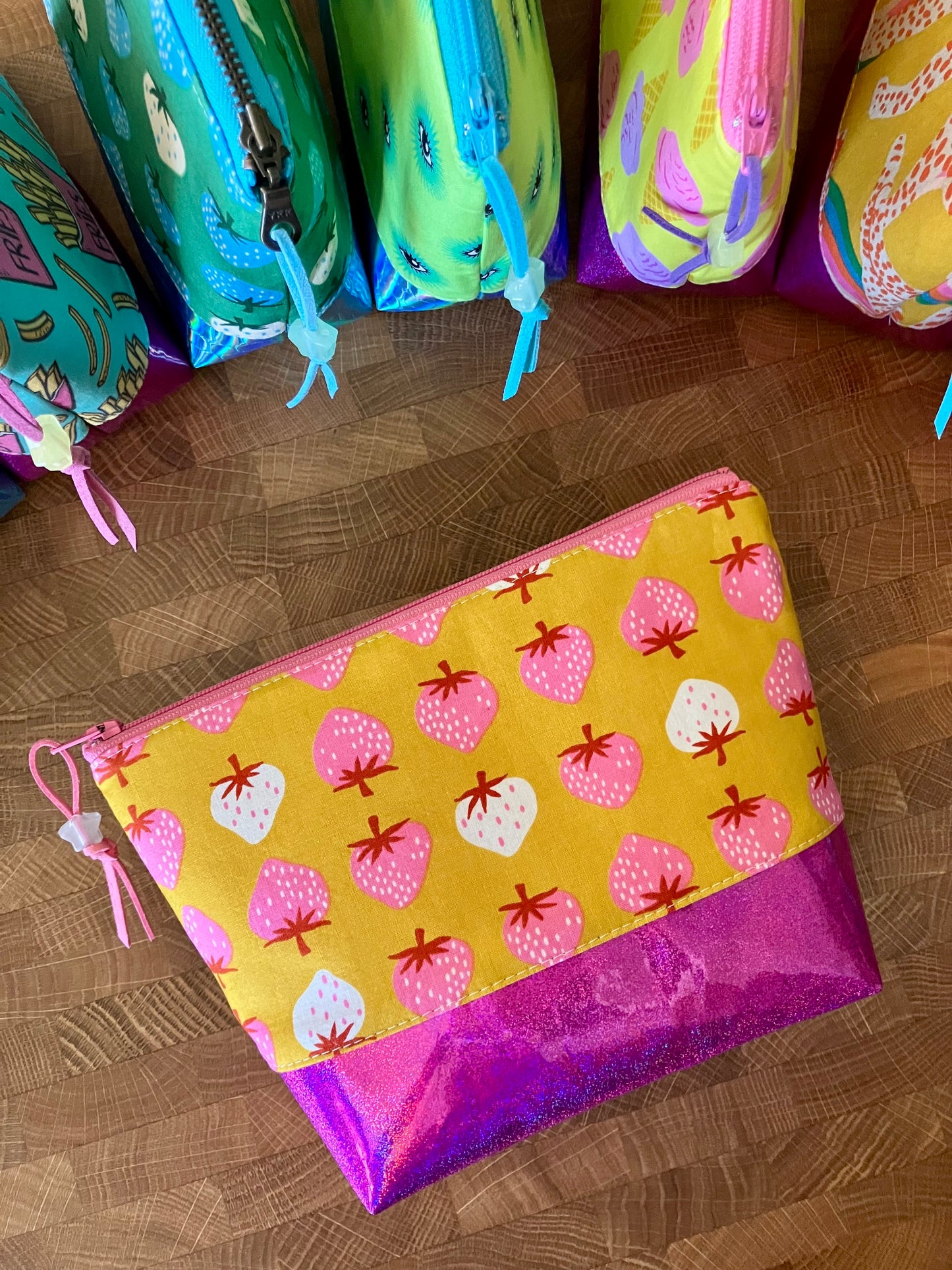 Strawberries + Glitter Vinyl Cosmetic Bag