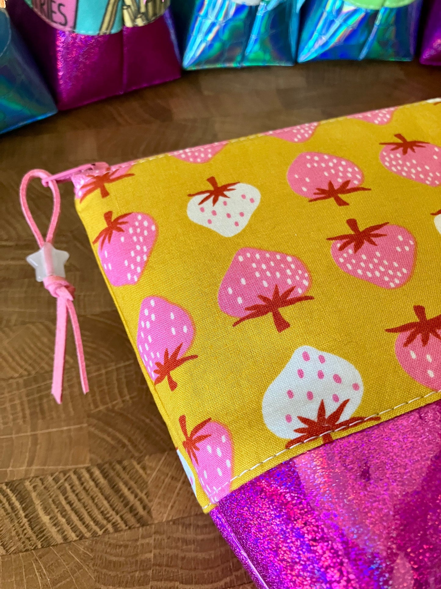 Strawberries + Glitter Vinyl Cosmetic Bag