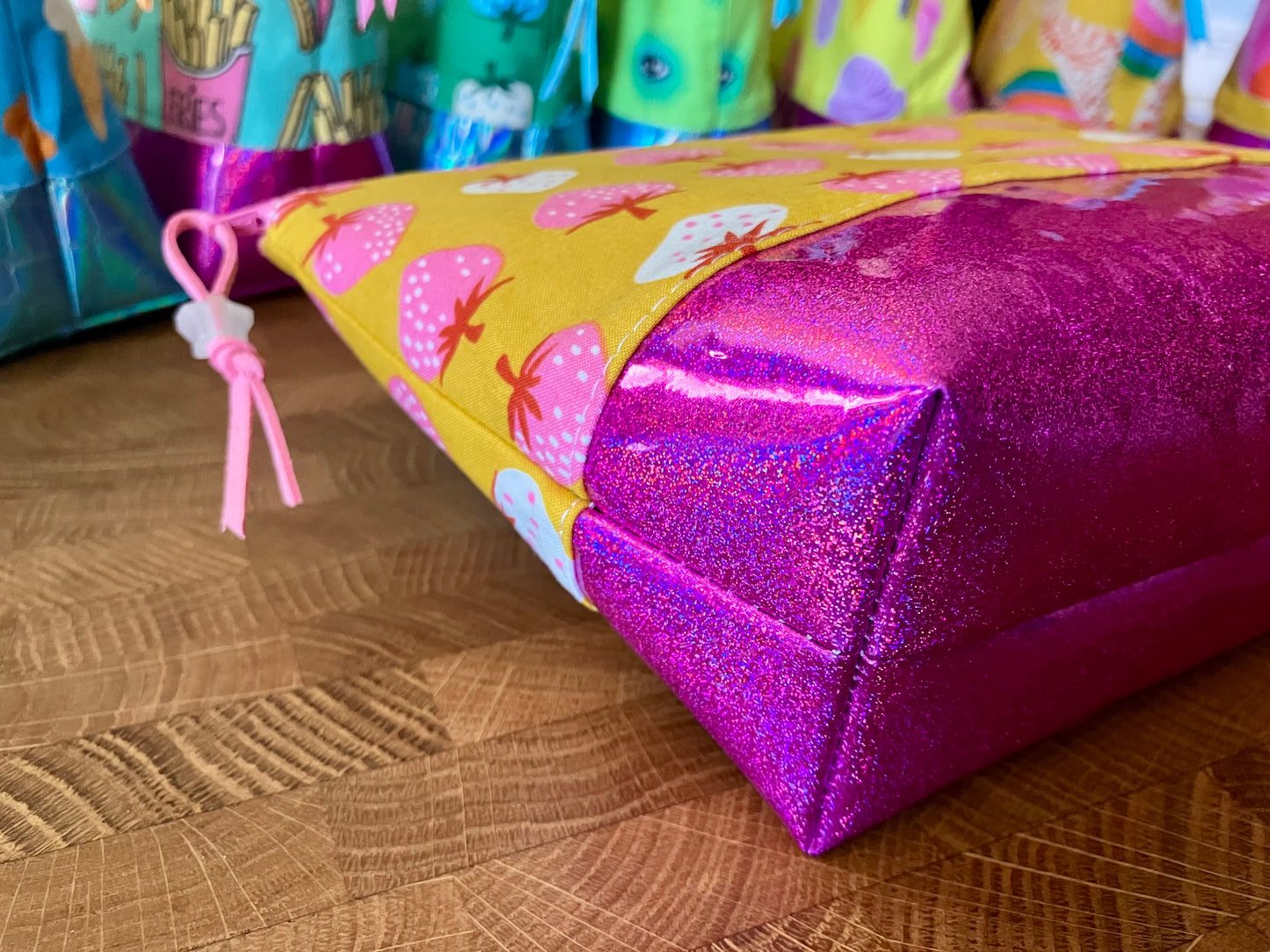 Strawberries + Glitter Vinyl Cosmetic Bag