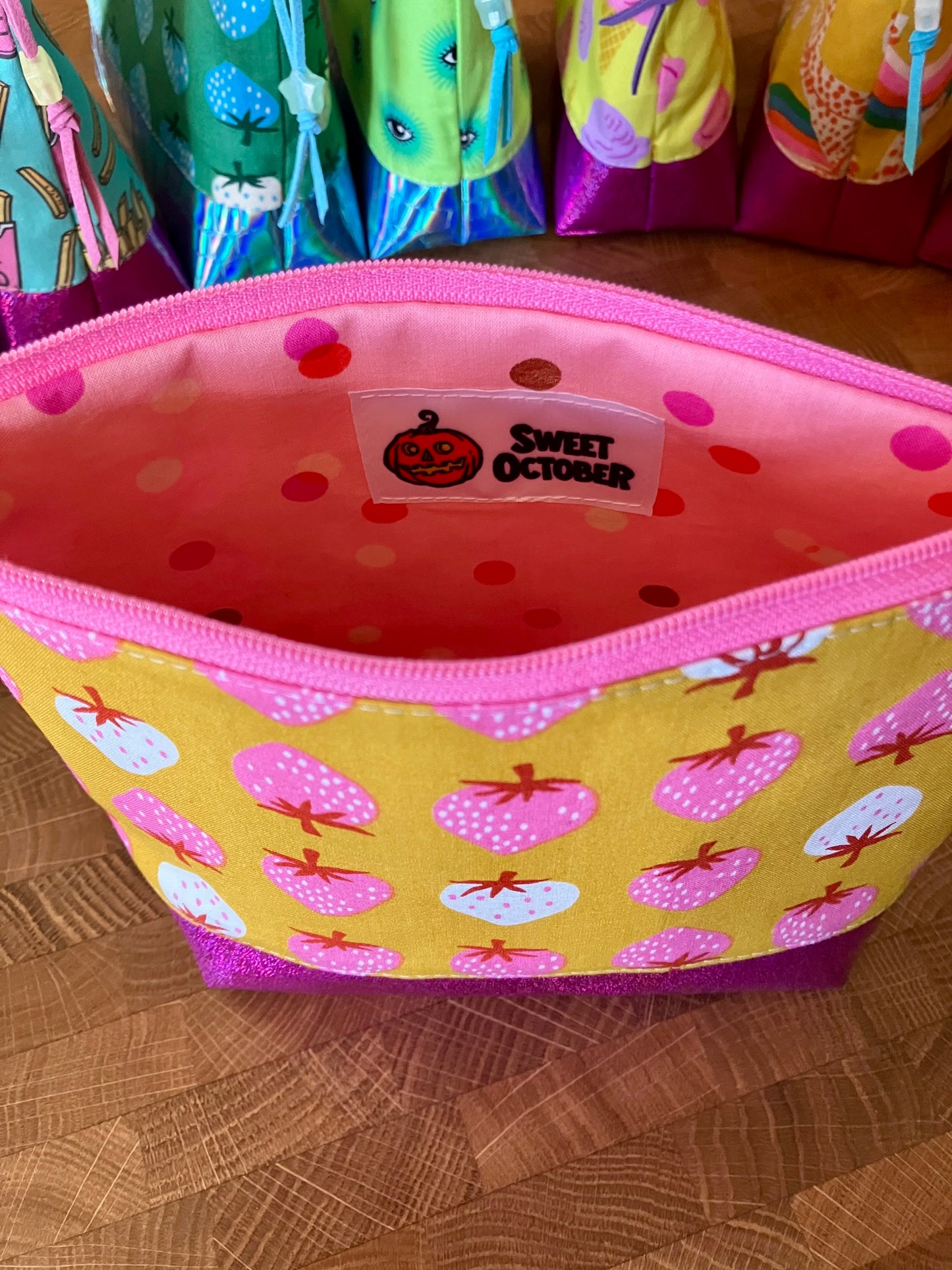 Strawberries + Glitter Vinyl Cosmetic Bag