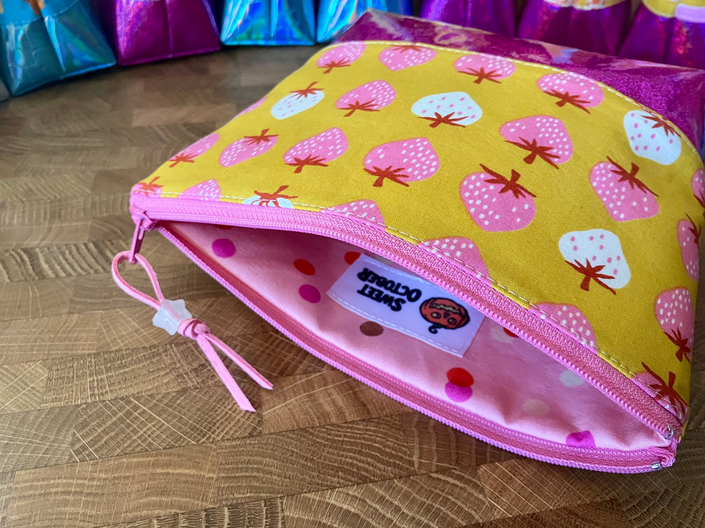 Strawberries + Glitter Vinyl Cosmetic Bag