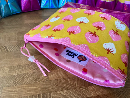 STRAWBERRIES + GLITTER VINYL COSMETIC BAG
