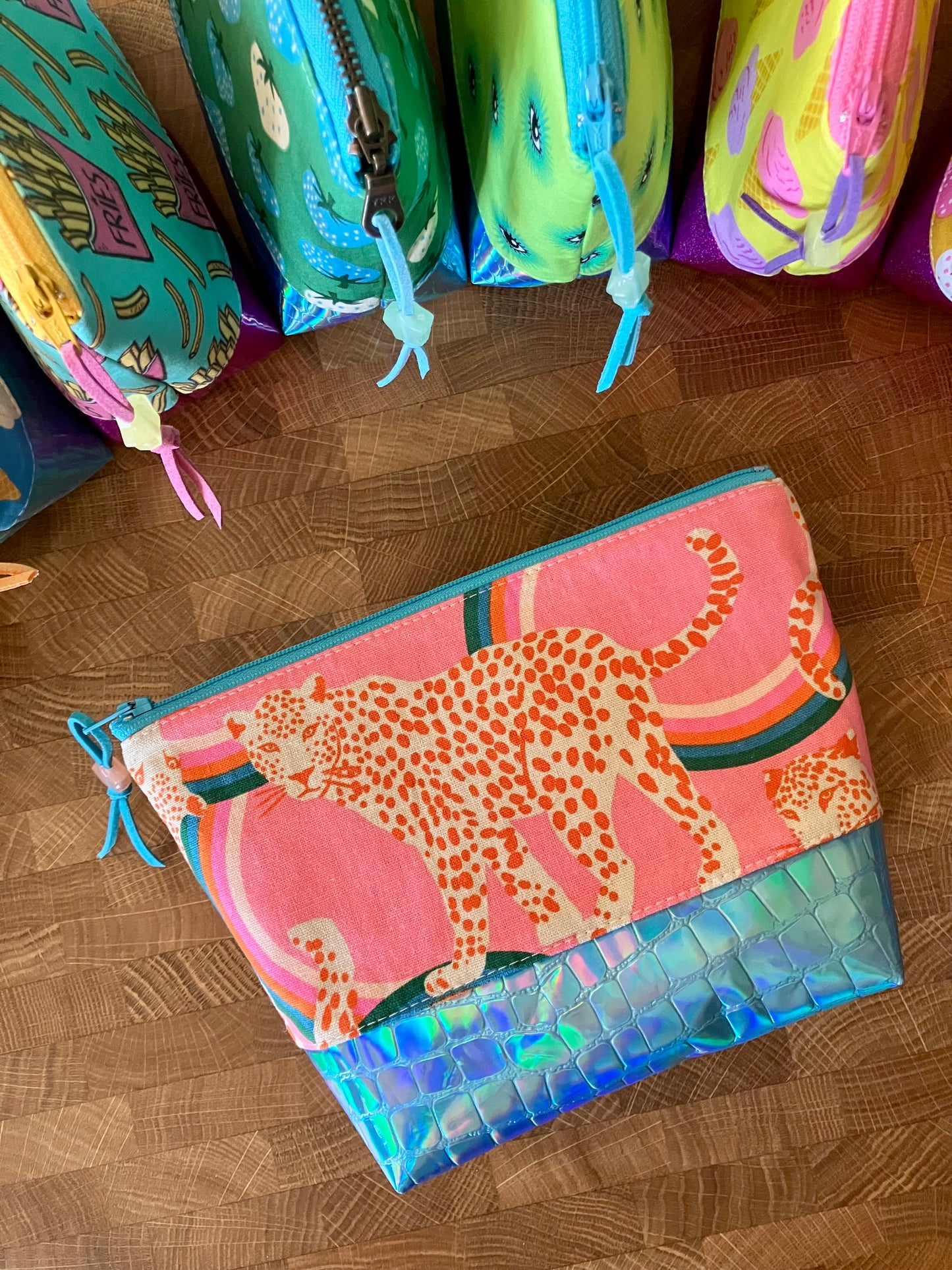 Rainbow Leopard + Holographic Vinyl Cosmetic Bag