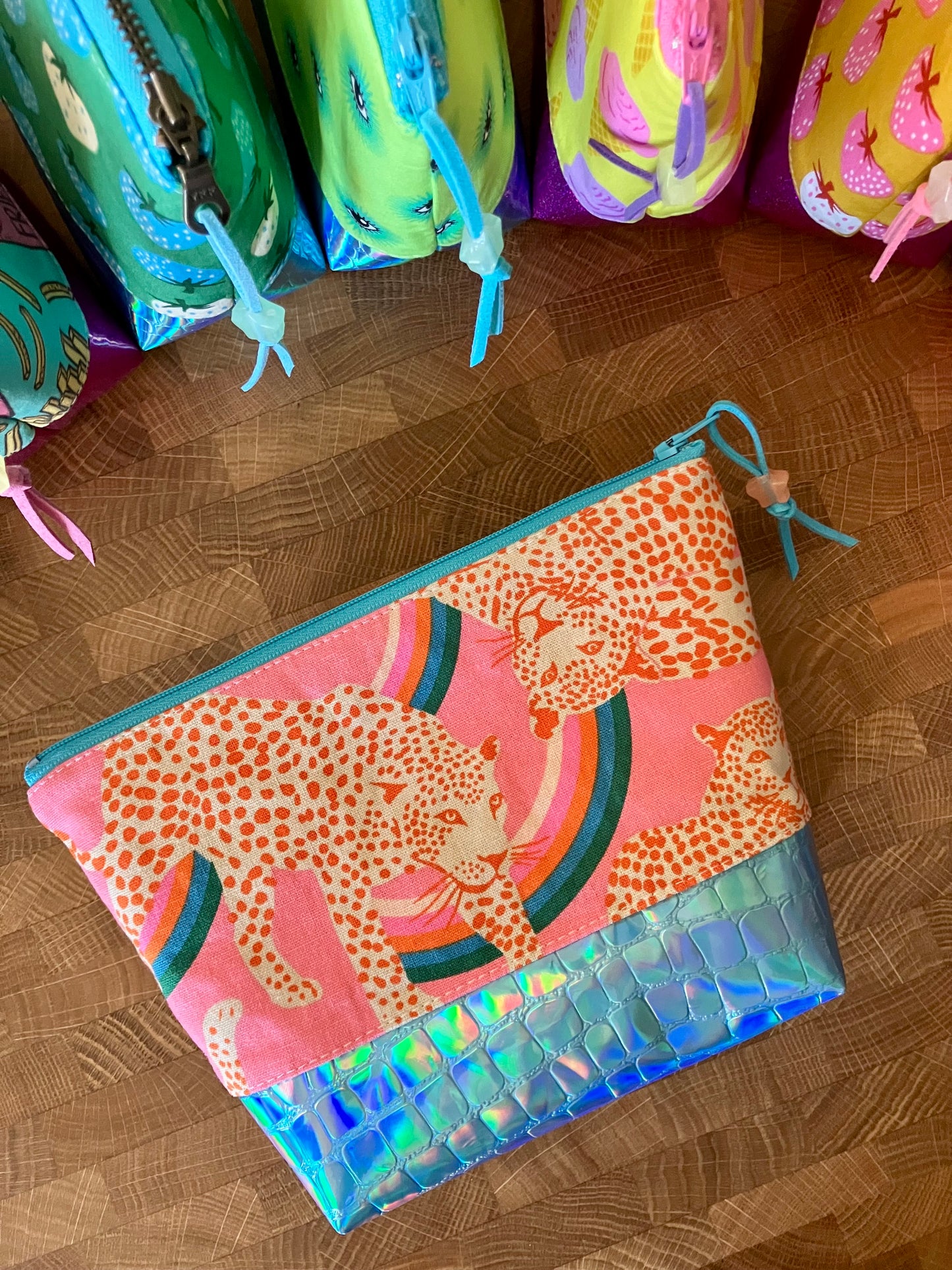 Rainbow Leopard + Holographic Vinyl Cosmetic Bag