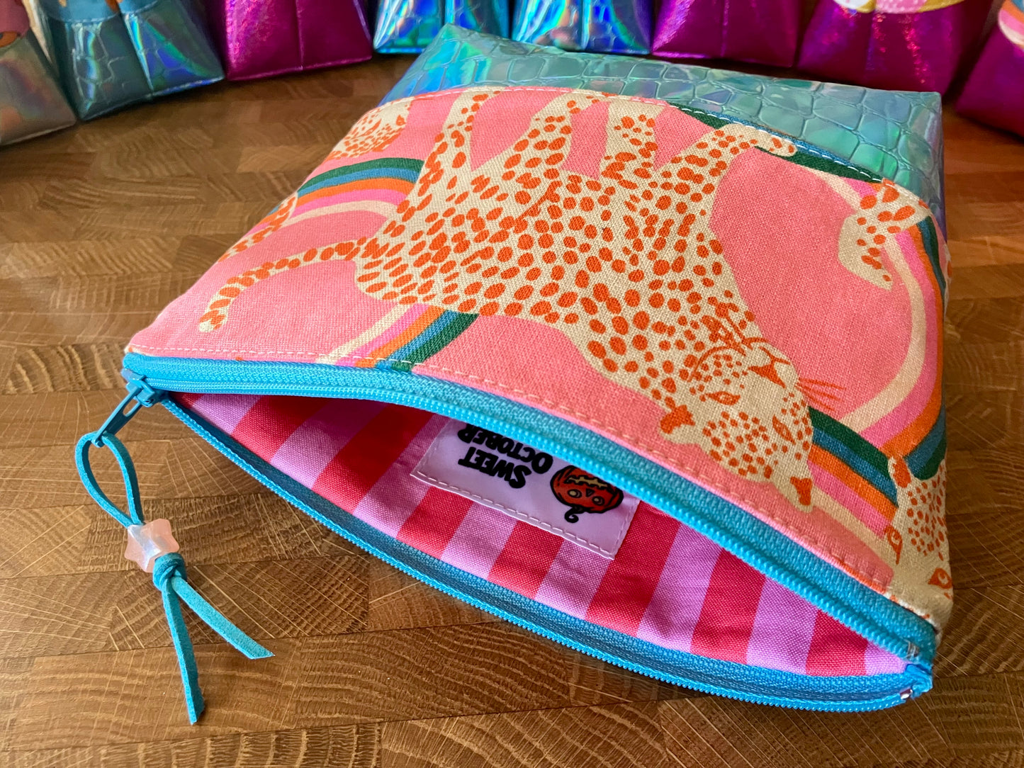 Rainbow Leopard + Holographic Vinyl Cosmetic Bag
