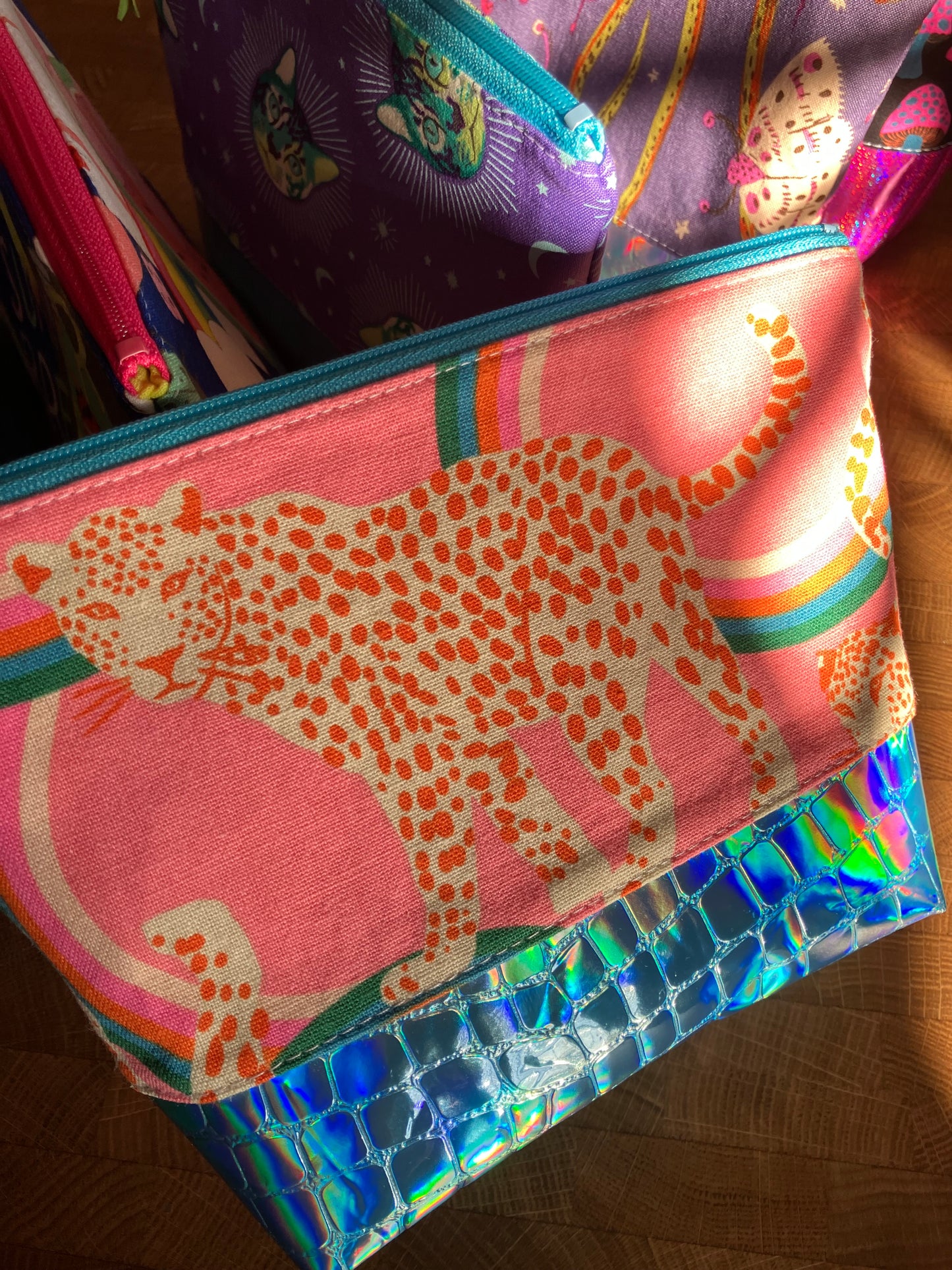 Rainbow Leopard + Holographic Vinyl Cosmetic Bag