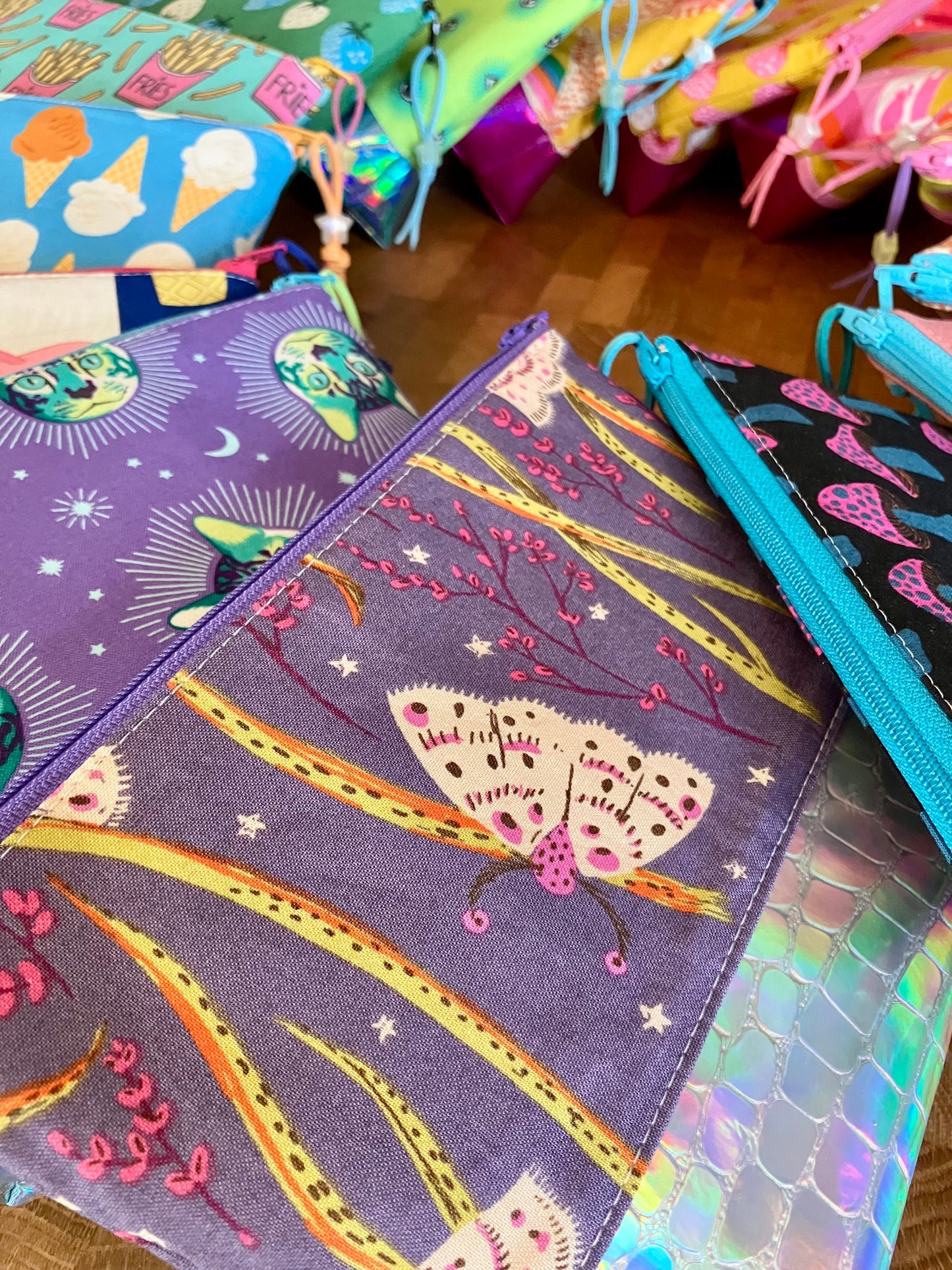 Moths + Holographic Vinyl Cosmetic Bag