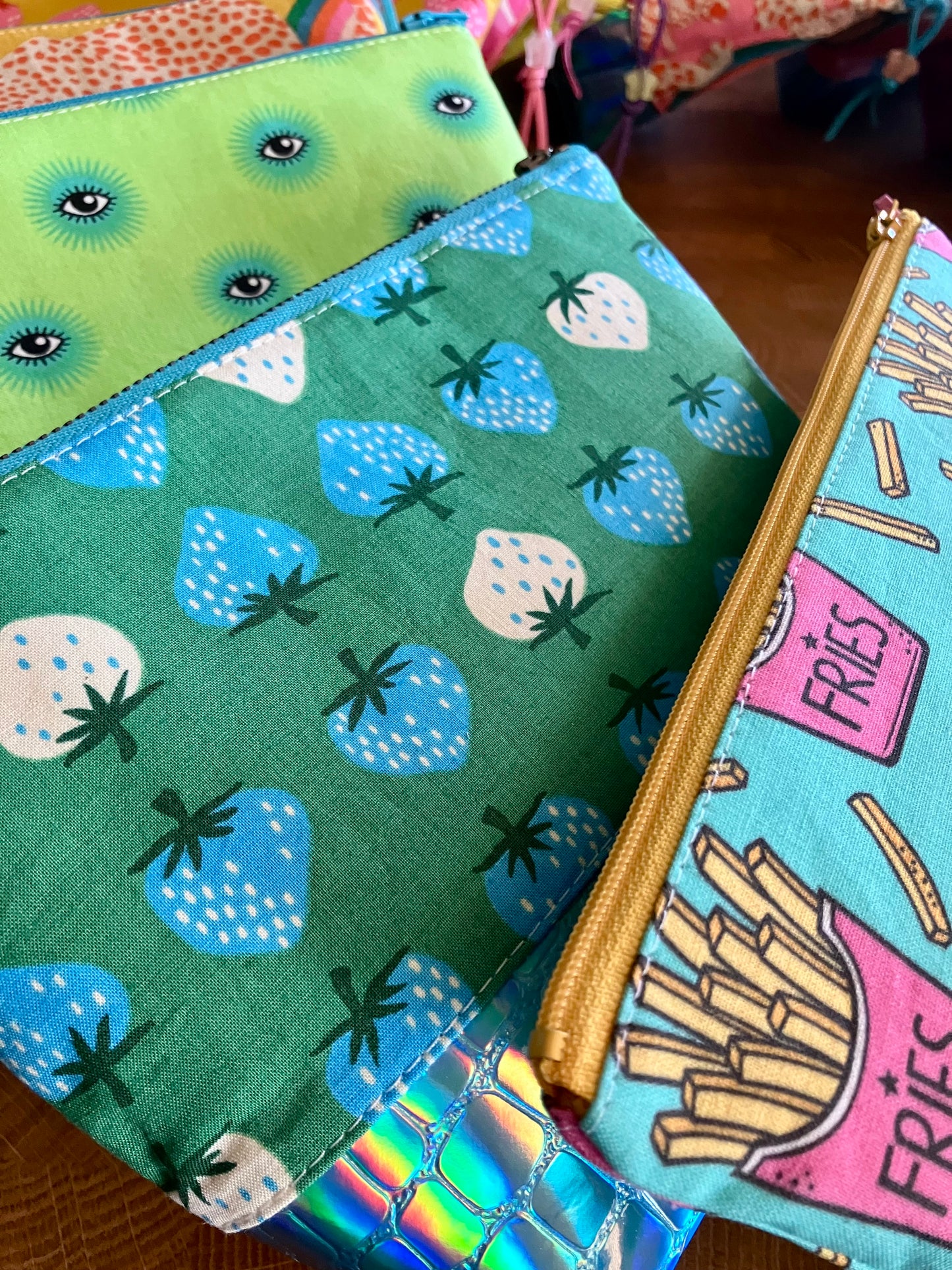Strawberries + Holographic Vinyl Cosmetic Bag