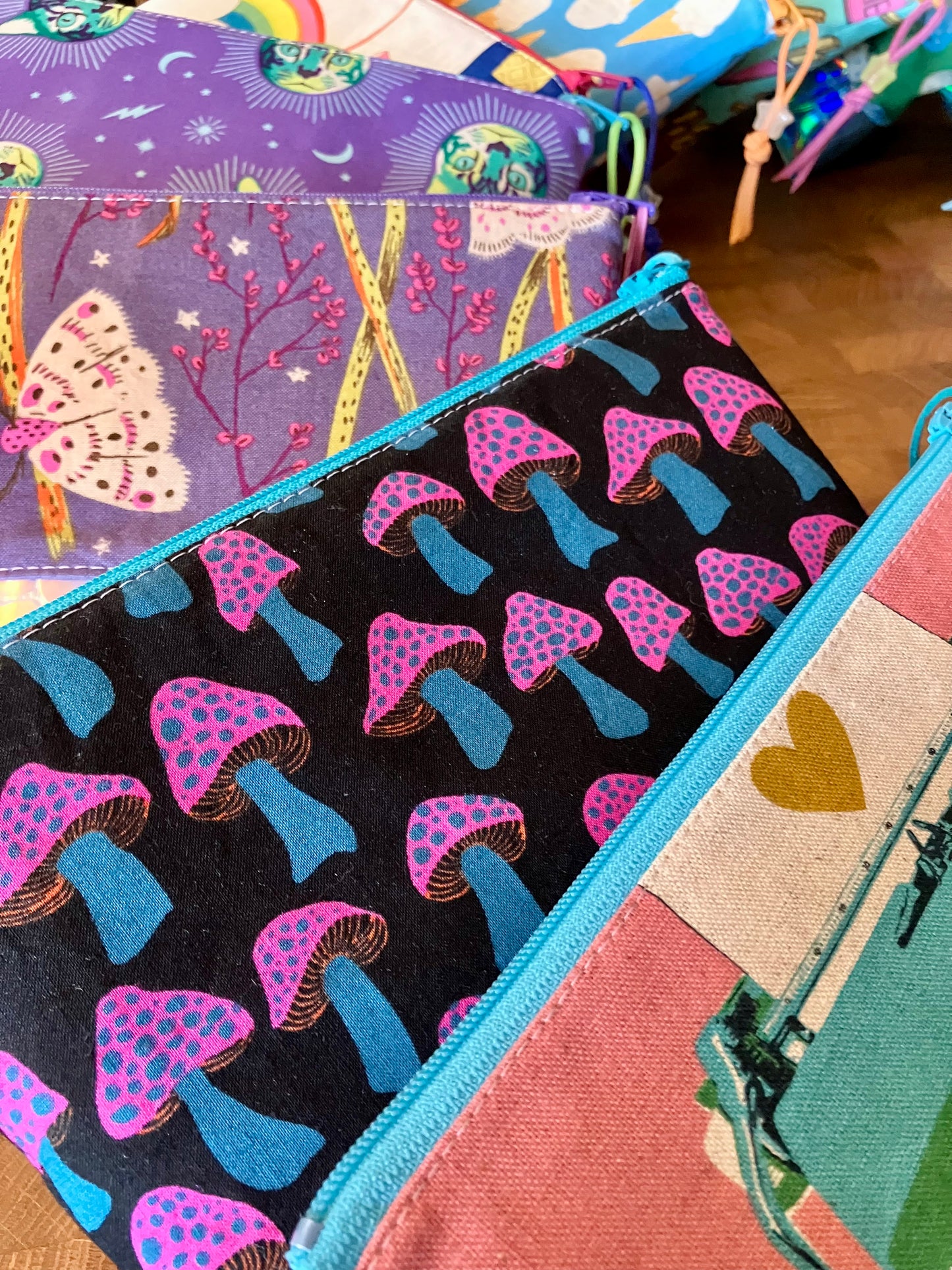 Electric Mushrooms + Glitter Vinyl Cosmetic Bag