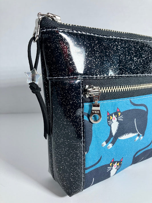 BLACK GLITTER VINYL DOUBLE ZIP POUCH
